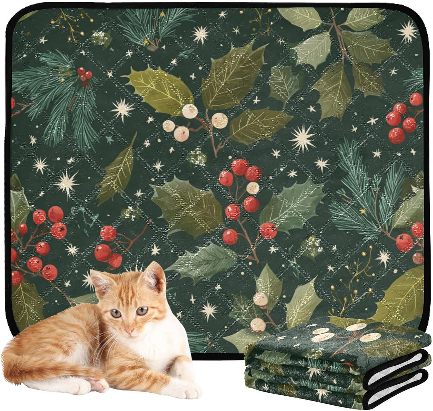 Green Christmas Holly Berries Pine Needles Leaves Washable Pee Pads for Dogs Reusable Puppy Pad 3Pack Super Absorbent Non Slip Lightweight Protect Small Pet Pads Couch Playpen Housebreaking 2