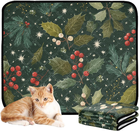 Green Christmas Holly Berries Pine Needles Leaves Washable Pee Pads for Dogs Reusable Puppy Pad 3Pack Super Absorbent Non Slip Lightweight Protect Small Pet Pads Couch Playpen Housebreaking 2