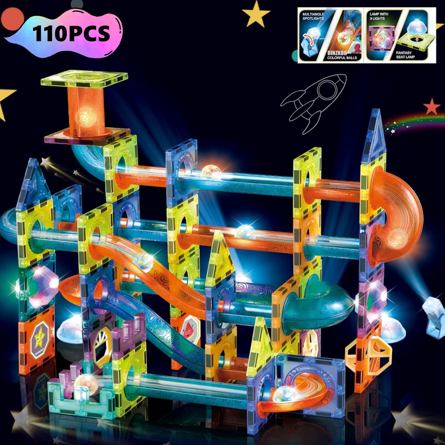 BINZKBB Light Magnetic Tiles Building Blocks for Kids,3D Clear Educational STEM Building Toys,Magnetic Marble Run Blocks Toys for Kids Ages 3 4 5 6 7 8 10+Year Old Boys Girls Creative Gift(110 PCS)