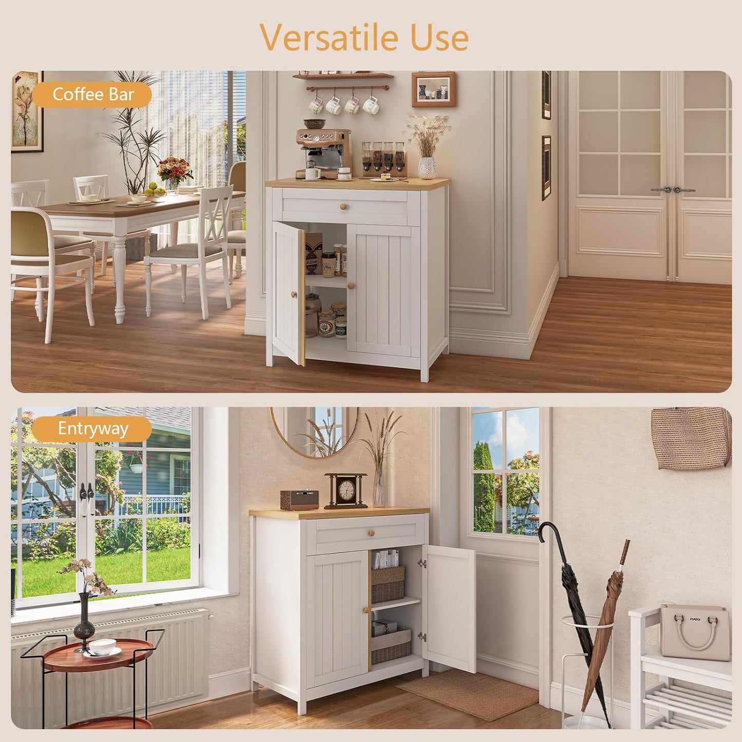 Storage Cabinet,Coffee Bar Cabinet, Kitchen Storage Cabinet, Modern Farmhouse Buffet Sideboard with Drawer, for Kitchen, Dining Room, Entryway（White）