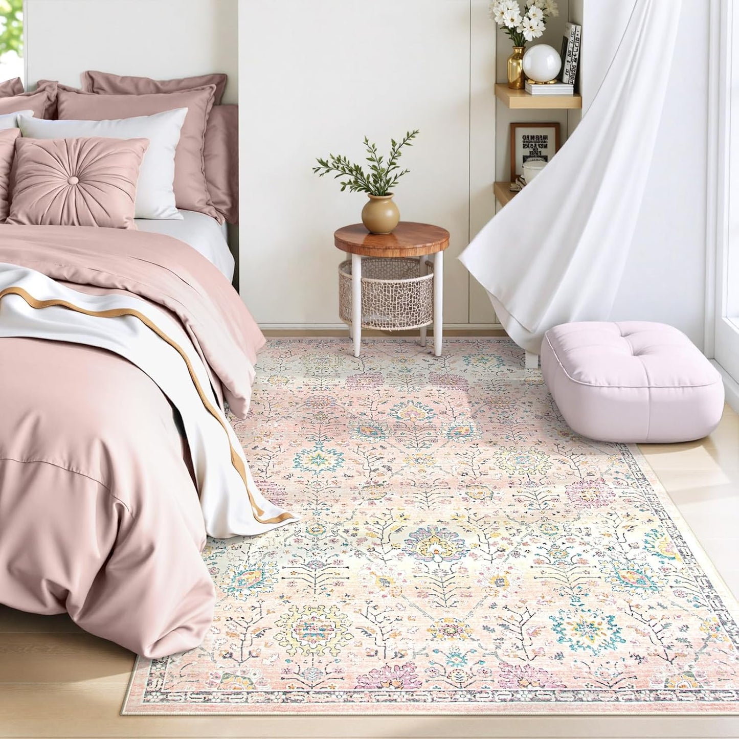 Lahome Flavie Pink Boho Area Rug for Nursery, 5x7 Washable Pink Rugs for Bedroom Girls Kids Room Living Room, Floral Pastel Carpet Non Slip for Teen Toddler Classroom Playroom Dorm, Bedroom Decor