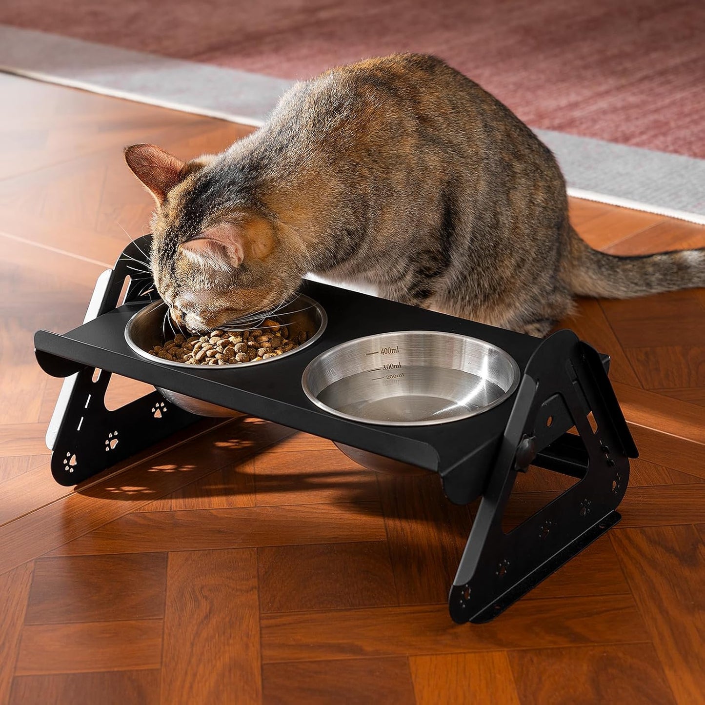 Elevated Dog Bowls with 2 400ml Stainless Steel Bowls for Small Medium Dogs Cats, 3.35''-6.3'' Height Adjustable and 15° Tilted Adjustment Raised Stand, Lifted Pet Food & Water Feeder