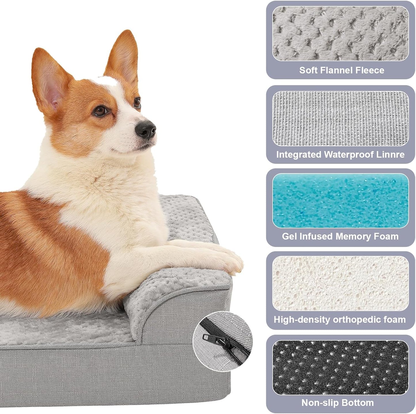 Orthopedic Dog Bed for Small and Medium Dogs, Memory Foam Pet Bed with Washable Removable Cover, Nonskid Bottom, Waterproof, for Indoor, Outdoor, Crate ＆ Car Use, 30x20x6 Inches, Light Grey