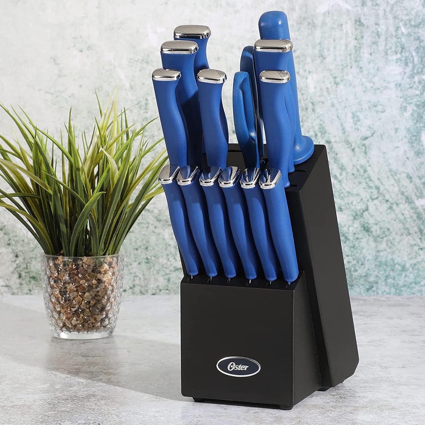 Oster Langmore 15-Piece Stainless Steel Cutlery Knife Block Set with Classic Blue Handles – Full Kitchen Knife Set in Black Storage Box