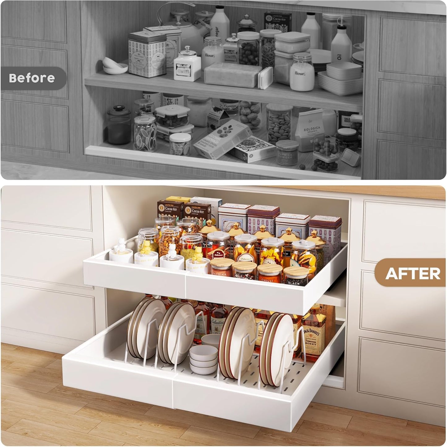 2 Pack Pull out Cabinet Organizer 21"Deep With Raising Pad for Framed Cabinets, Expandable Slide out Drawers for Kitchen Cabinets with 4pcs Divider Racks, Roll out Shelves 12.1"-20.4" W White