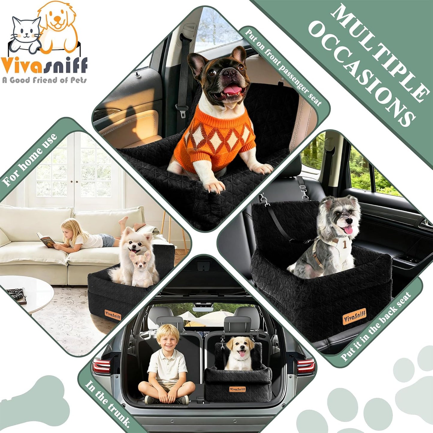 Dog Booster Car Seat for Small/Medium Dogs, VIVASNIFF 6 Inches Memory Foam Elevated Dog Pet Car Bed up to 45 lbs with 2 Safety Belts, Leakproof, Detachable and Washable (Black).