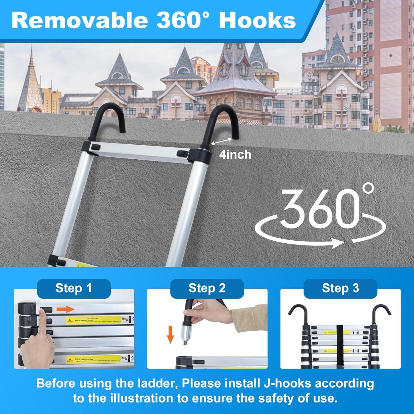16.5 FT Telescoping Ladder with Hooks, Adjustable Multi-Purpose Collapsible Extension with Stabilizers & Wheels, Heavy Duty 330 lbs Max Capacity, Ideal for Home and Outdoor Work, Silver