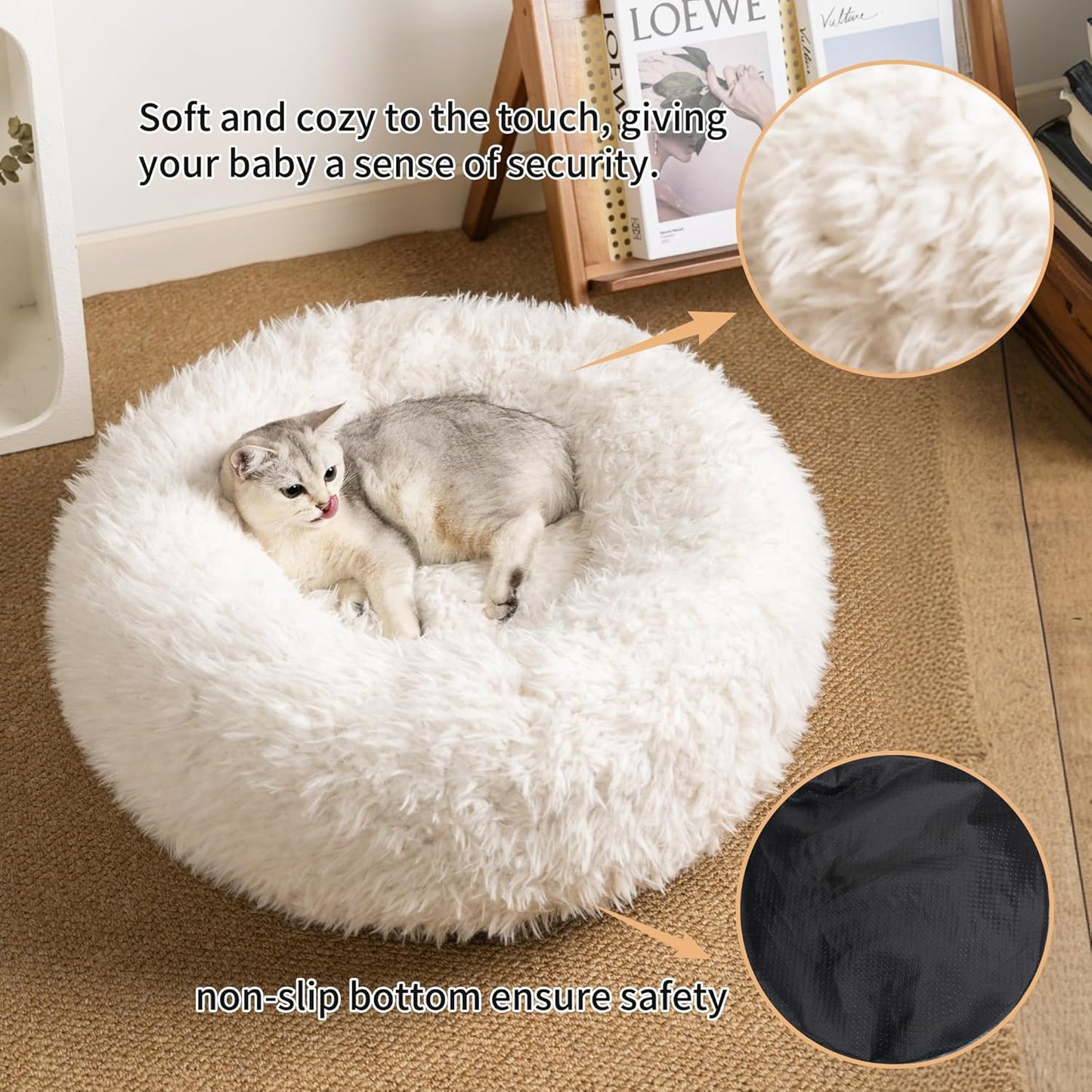 KHONSU PET Calming Donut Cat Bed for Cats & Kittens, Round Plush Cuddler with Chopped Memory Foam, Anti-Anxiety Bolster Support, Machine Washable & Non-Slip