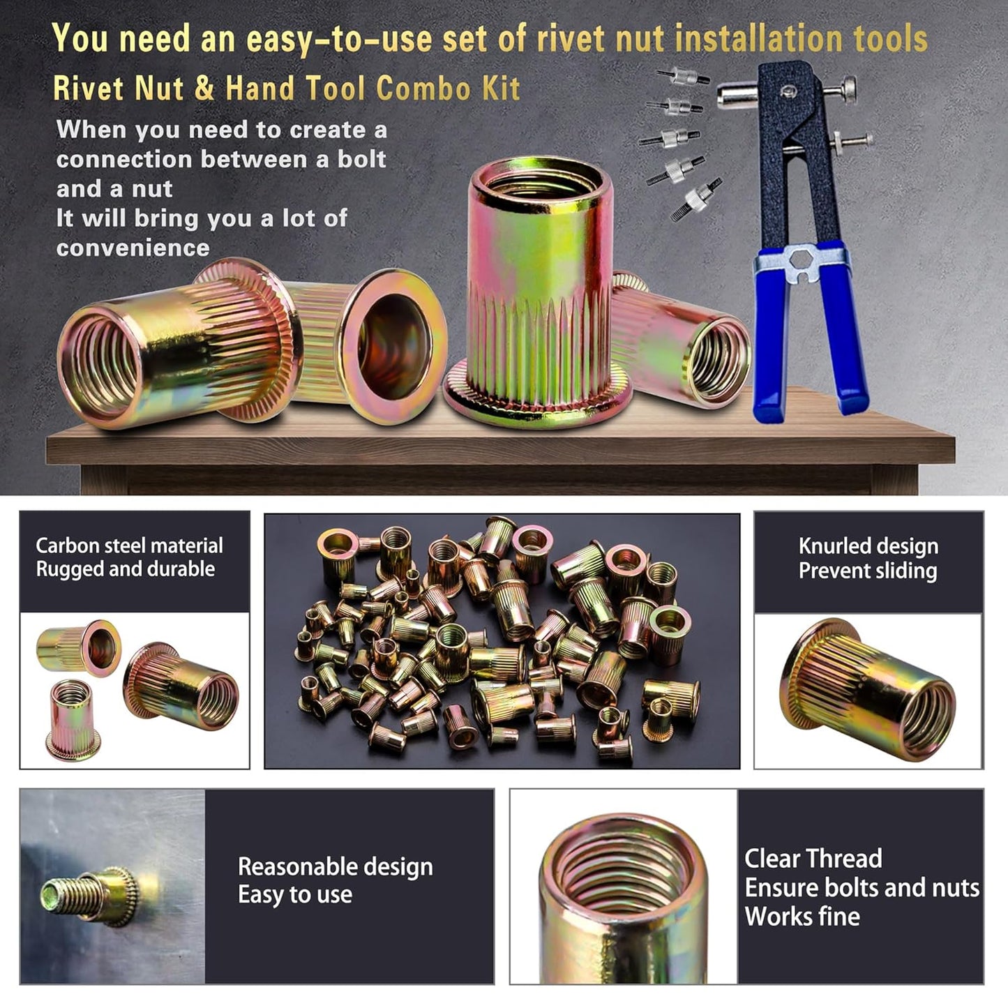 Pressure Rivet Nut Tool Kit, 430Pcs Metric Rivet Nut Combination (M8/M6/M5/M4/M3), Suitable for Furniture, Decoration, Automotive, Marine and Industrial Applications