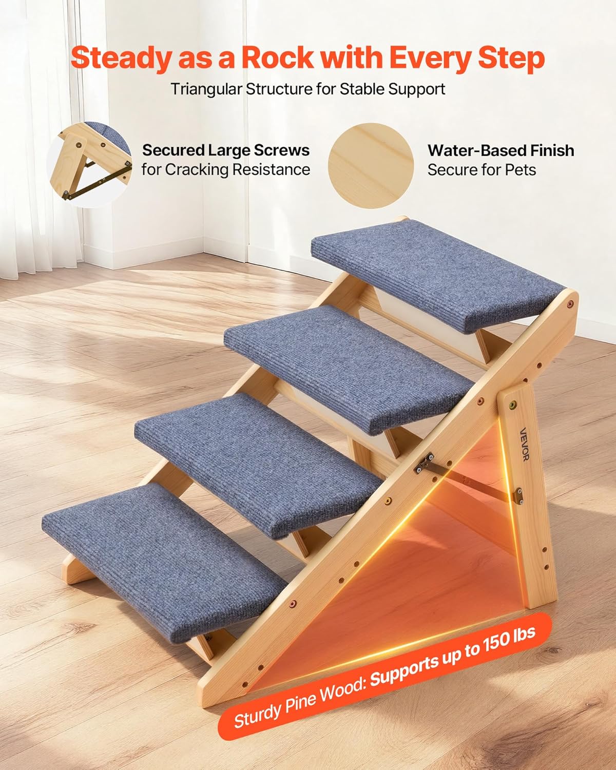 VEVOR Wood Pet Stairs, 4-Step Dog Stairs for Beds, Sofa & Cars, 150lbs Load Capacity, Floded Flat Design, Stable & Sturdy Cat & Dog Step Ladder for Small Medium Large Older Pet Puppy Essentials