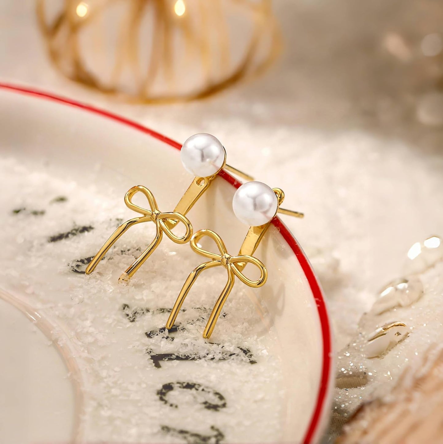 Risamil 14K Gold Plated/Silver Earrings for Women Trendy, Dainty Bow Earrings for Women Cute Pearl Huggie Earring Hoops Twist Rope Bow Stud Pearl Dangle Cubic Zirconia Earrings Jewelry Gifts
