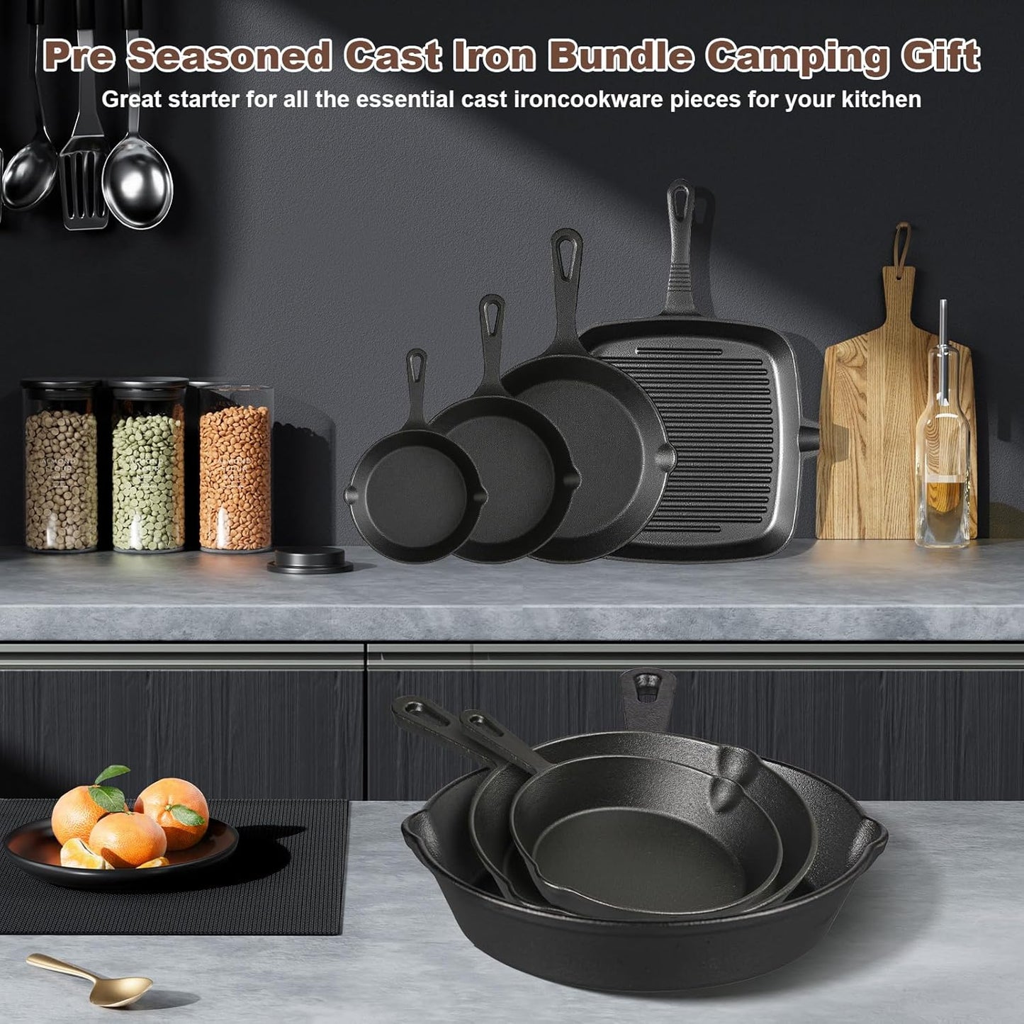 Pre-Seasoned Cast Iron skillets,4 Piece Durable Pots and Pans Set with Handle Covers for Grill, BBQ, Camping Fire, Stovetop, Kitchen and Camping Cookware