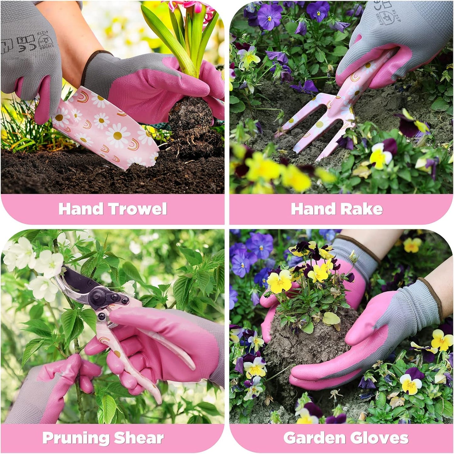 WORKPRO 5PCS Gardening Tools, Aluminum Heavy Duty Garden Tool Set with Bag, Ideal Gardening Gifts for Women-Pink Ribbon