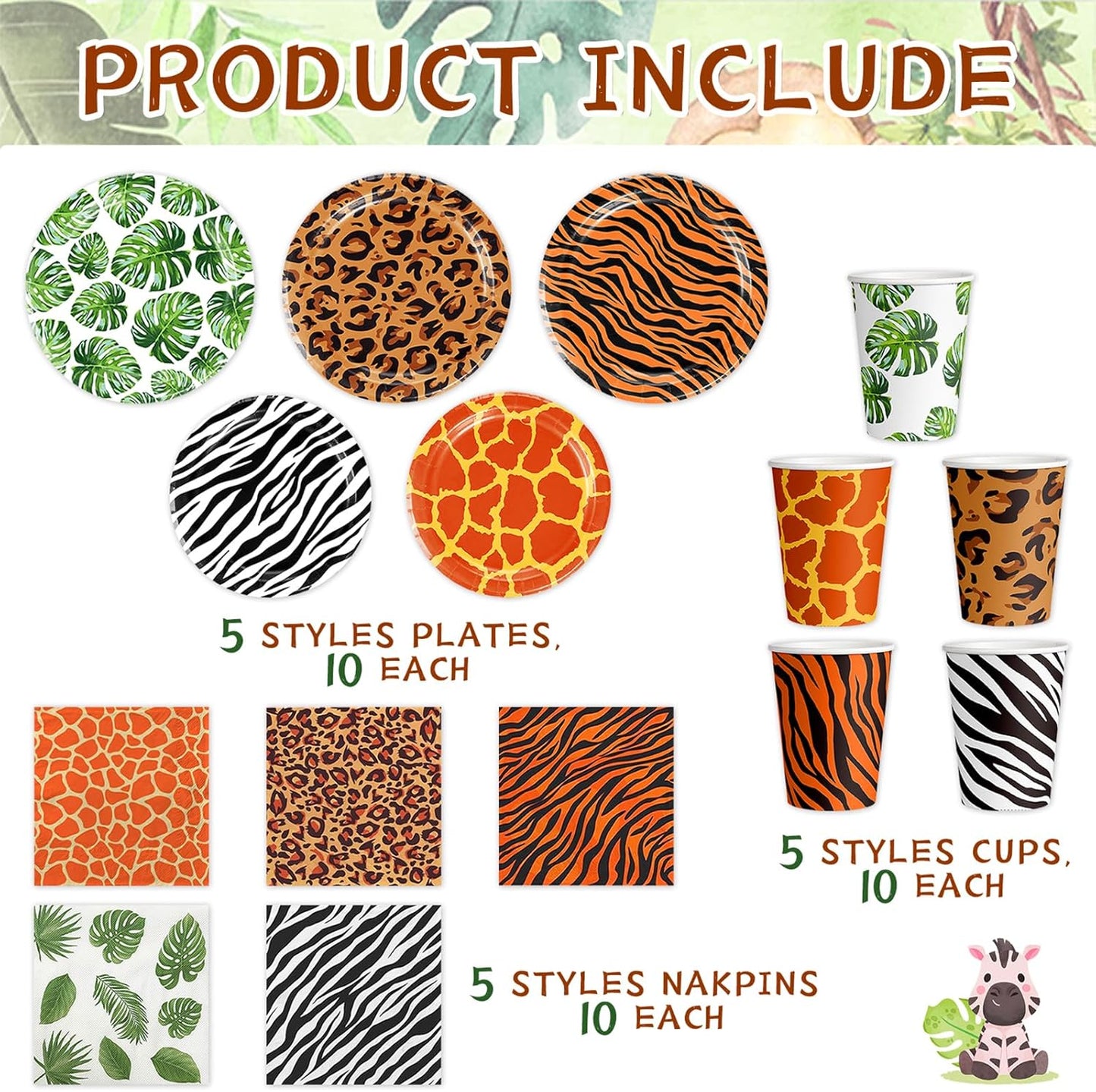 150 Pcs Jungle Safari Animal Party Supplies Disposable Jungle Safari Animal Print Paper Plates Cups and Napkins Wild Animals Jungle Table Decorations for Boys Girls