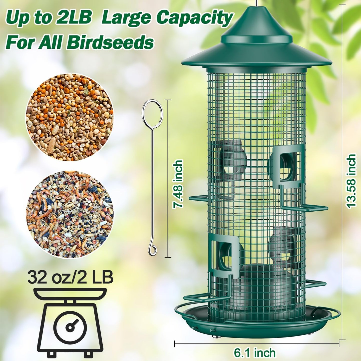 Metal Mesh Tube Bird Feeder for Outdoors Hanging - Squirrel Chew Proof Bird Feeders for Outside, Rust-Proof, 2LB Large Capacity, Easy to Refill, for Finch Cardinal, Gifts for Bird Lovers