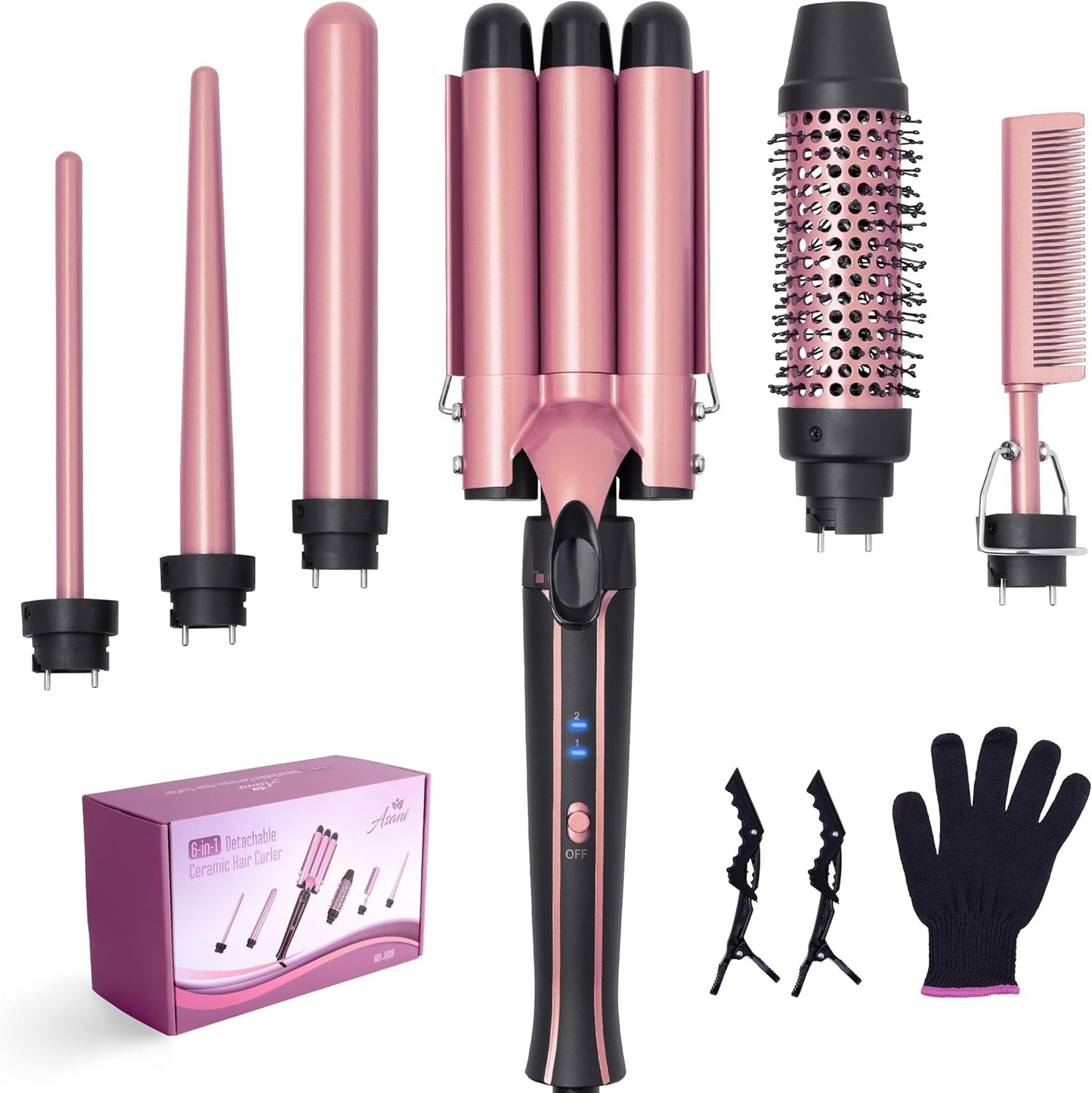 Asani Curling Iron Wand Set 6-in-1 - Beachwaver Hair Curler with 3 Barrel Hair Crimper, Tapered, Spiral Curling Iron - Fast Heating Travel Hot Styling Tools for Women with Dual Voltage (110-240V AC)