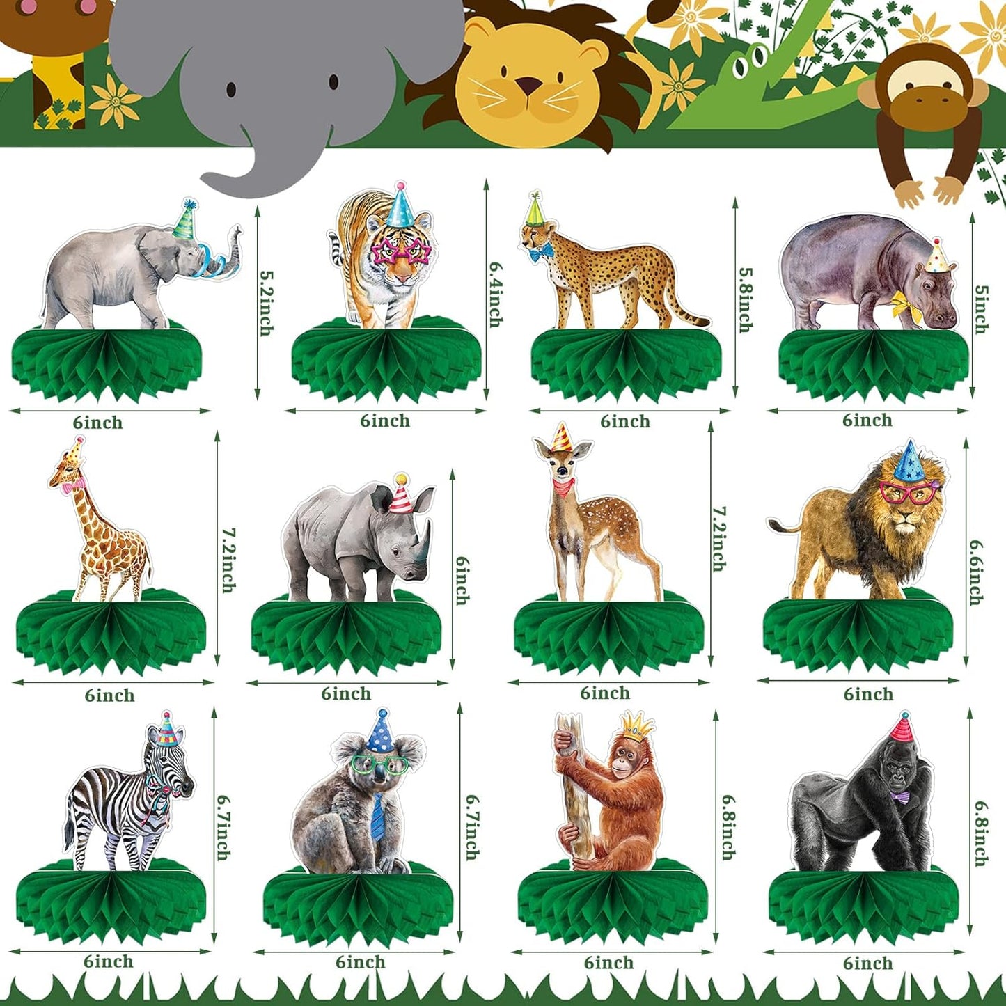 Yeaqee 12 Pcs Jungle Animals Honeycomb Centerpieces Safari Themed Birthday Party Supplies Wild Animals Jungle Party Decorations Baby Shower Table Decorations Centerpieces (Fresh Style)