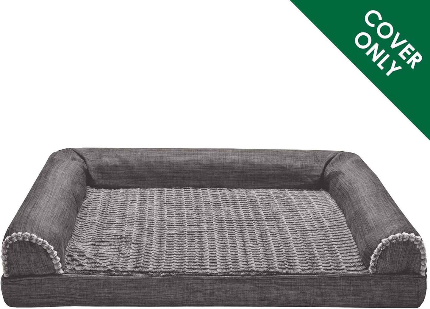 Furhaven Replacement Dog Bed Cover Luxe Faux Fur & Performance Linen Sofa-Style, Machine Washable - Charcoal, Jumbo Plus (XX-Large)