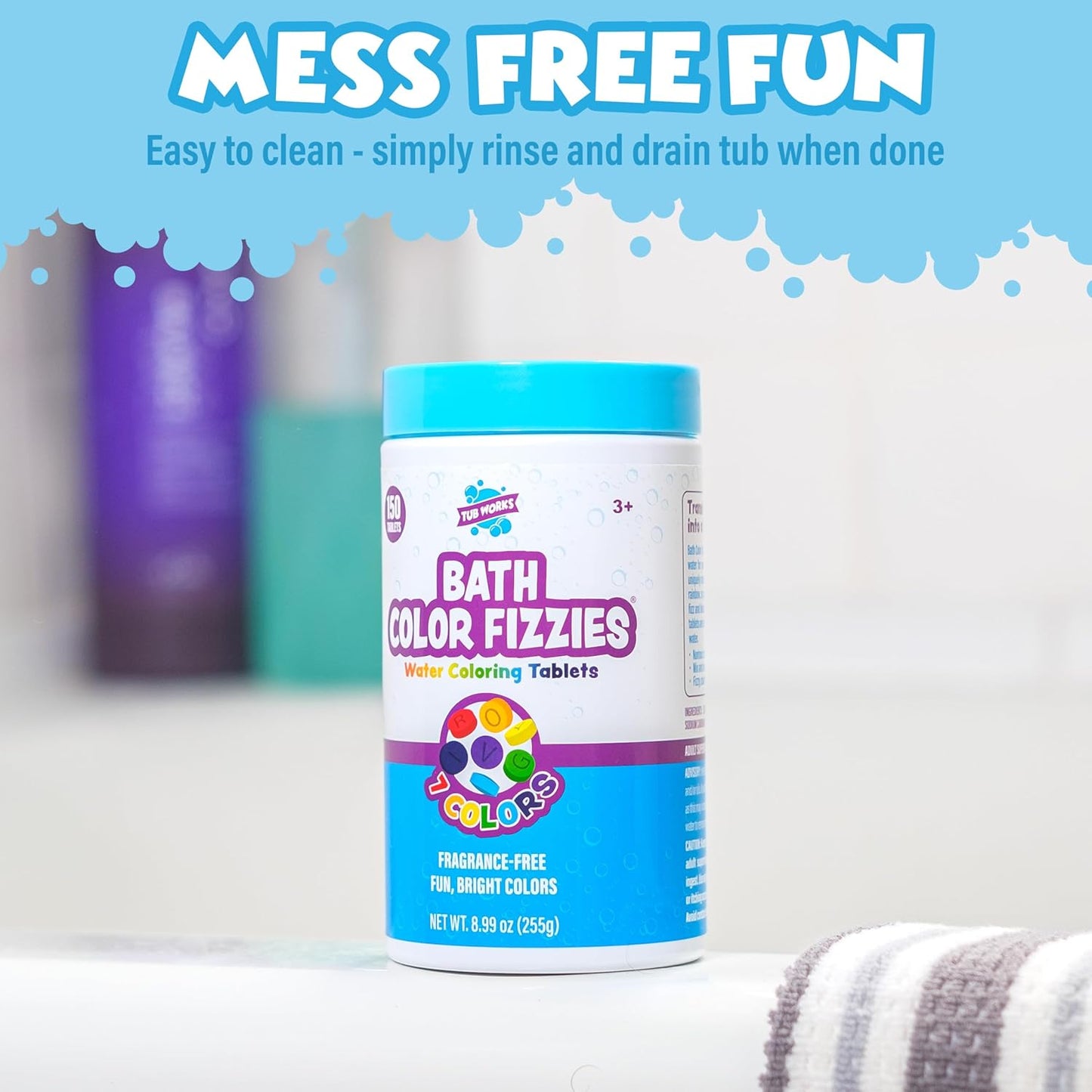 Tub Works® Bath Color Fizzies, 150 Count | Nontoxic & Fragrance-Free | Fizzy, Bath Color Tablets for Kids | Create Colorful Water Water Tablets in 7 Colors for Variety | Bath Bombs for Kids Bathtub