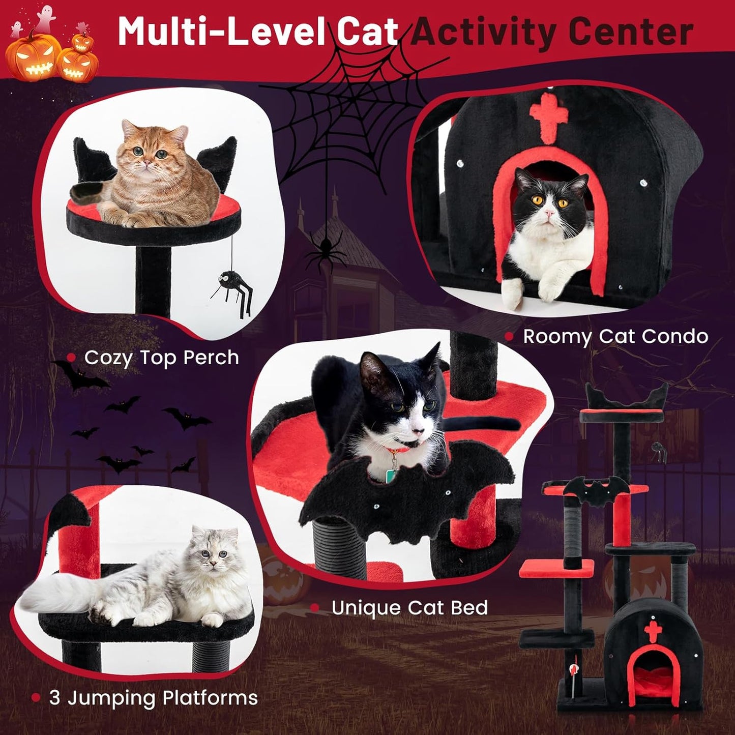 Tangkula Gothic Cat Tree, 53 Inch Black Cat Tower with Coffin Bed, Condo, Scratching Posts, Spider Pompom & Spring Balls, Halloween Pet Furniture, Spooky Goth Cat Tree for Indoor Cats