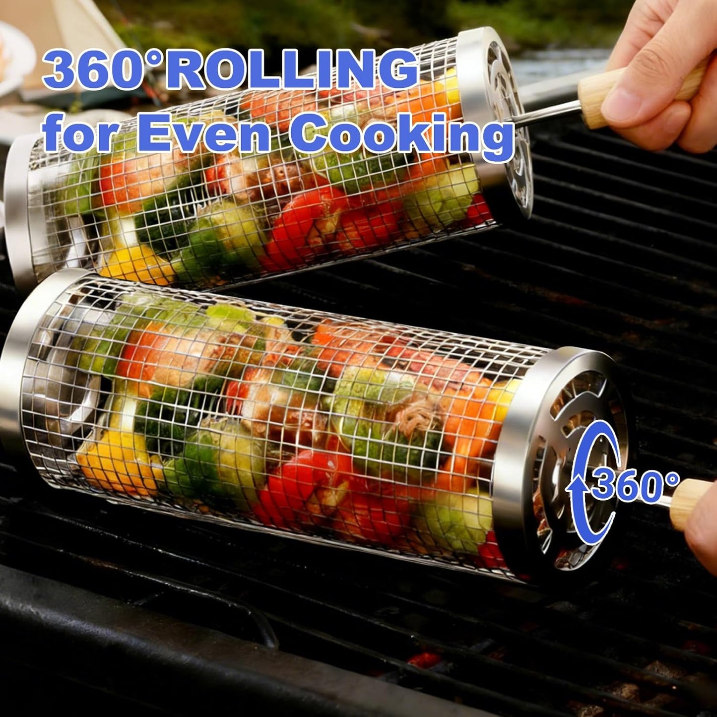Rolling Grill Basket 2-Pack, Premium 304 Stainless Steel, Removable Wooden Handles, Upgrade Rolling Grill Baskets for Outdoor Grill, BBQ Grill Accessories for Camping/Backyard Cooking, Ideal Gift for Dad/Husband