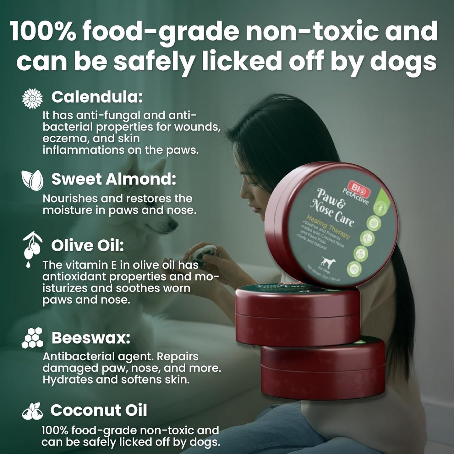 Bio PetActive Paw & Nose Balm for Dogs - 100% Natural Lick-Safe Moisturizing Balm with Vitamin E-Rich Olive Oil, Calendula & Beeswax - Helps Protect, Heal & Soothe Dry Cracked Paws & Nose - 1.75 oz