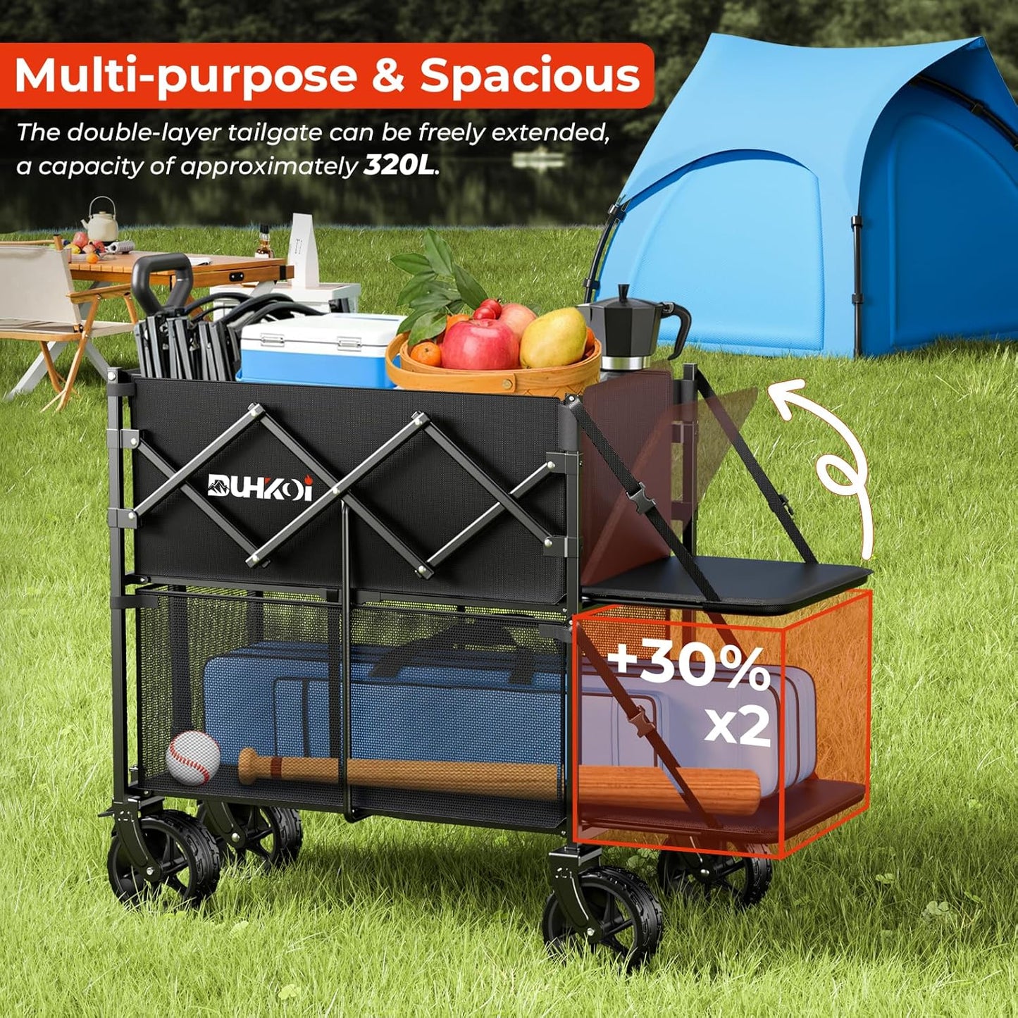 Double Decker Wagon 320L Large Capacity 400LBS Collapsible Sports Utility Cart with Big Wheels,Double Extended Tailgate Heavy Duty Folding Wagon Cart for Groceries,Camping,Outdoor