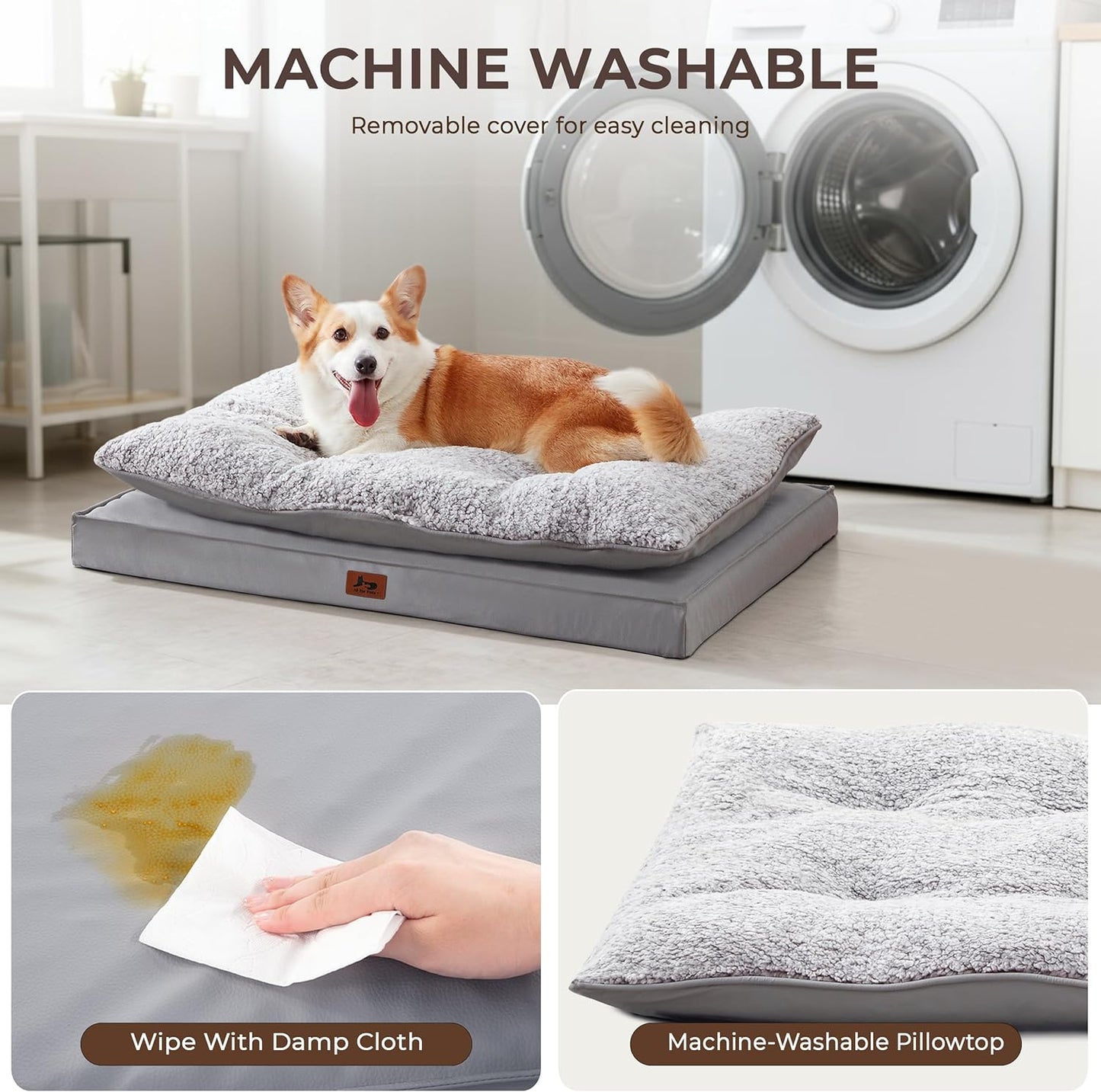 2-Pack Waterproof Dog Bed Medium Size Dogs, Plush Cushion & Orthopedic Egg-Crate Foam Mattress for Senior Dogs, Washable Dog Crate Bed with Removable Cover, Light Grey