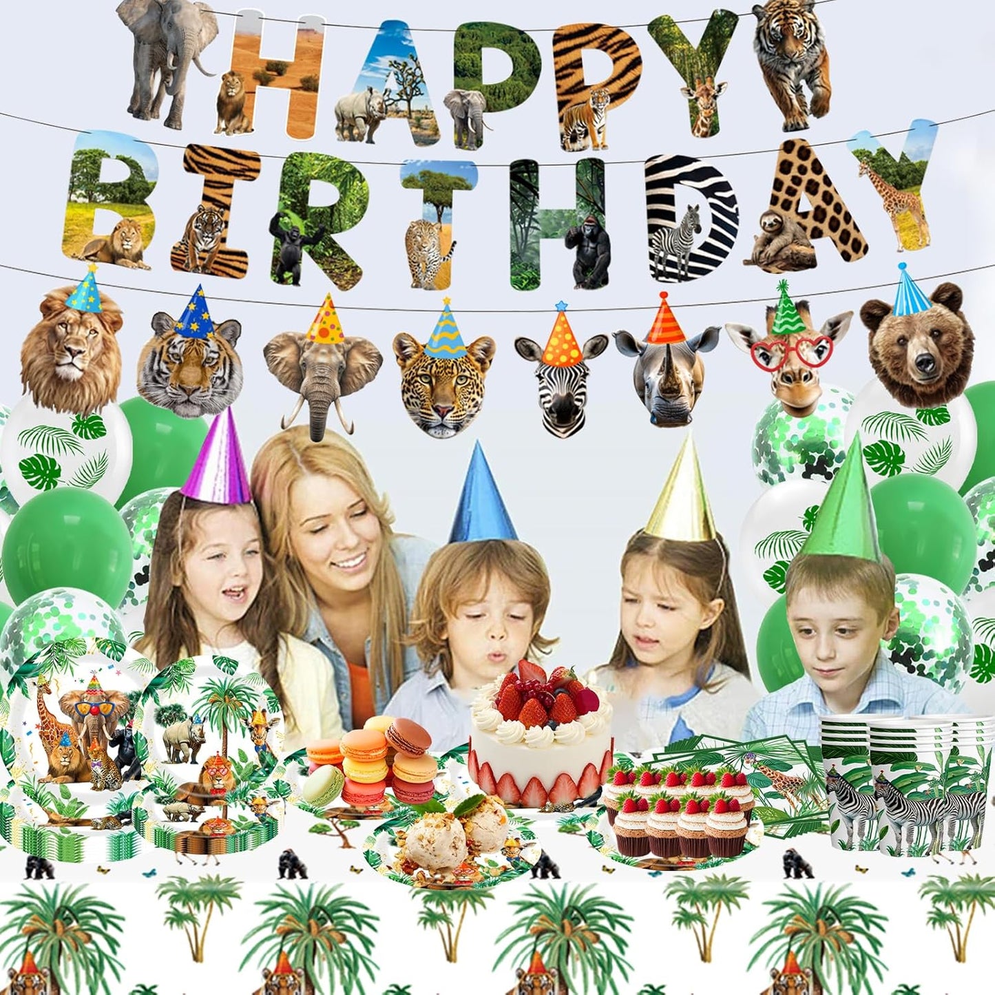 Safari Birthday Party Supplies Jungle Disposable Paper Plates Napkins Cups Tablecloth and Banner for Safari Animals Themed Party Decorations, Wild Animals Safari Zoo Birthday Party Supplies