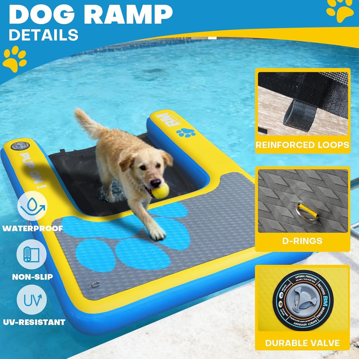 Beyond Marina Dog Pool Ramp - Inflatable Dog Water & Boat Ramp for Lake, Floating Pontoon Dock Ladder with Non-Slip EVA, PUP ON Standard, Extra Large 47" x 39" x 6", Blue/Yellow, Supports 200 lbs