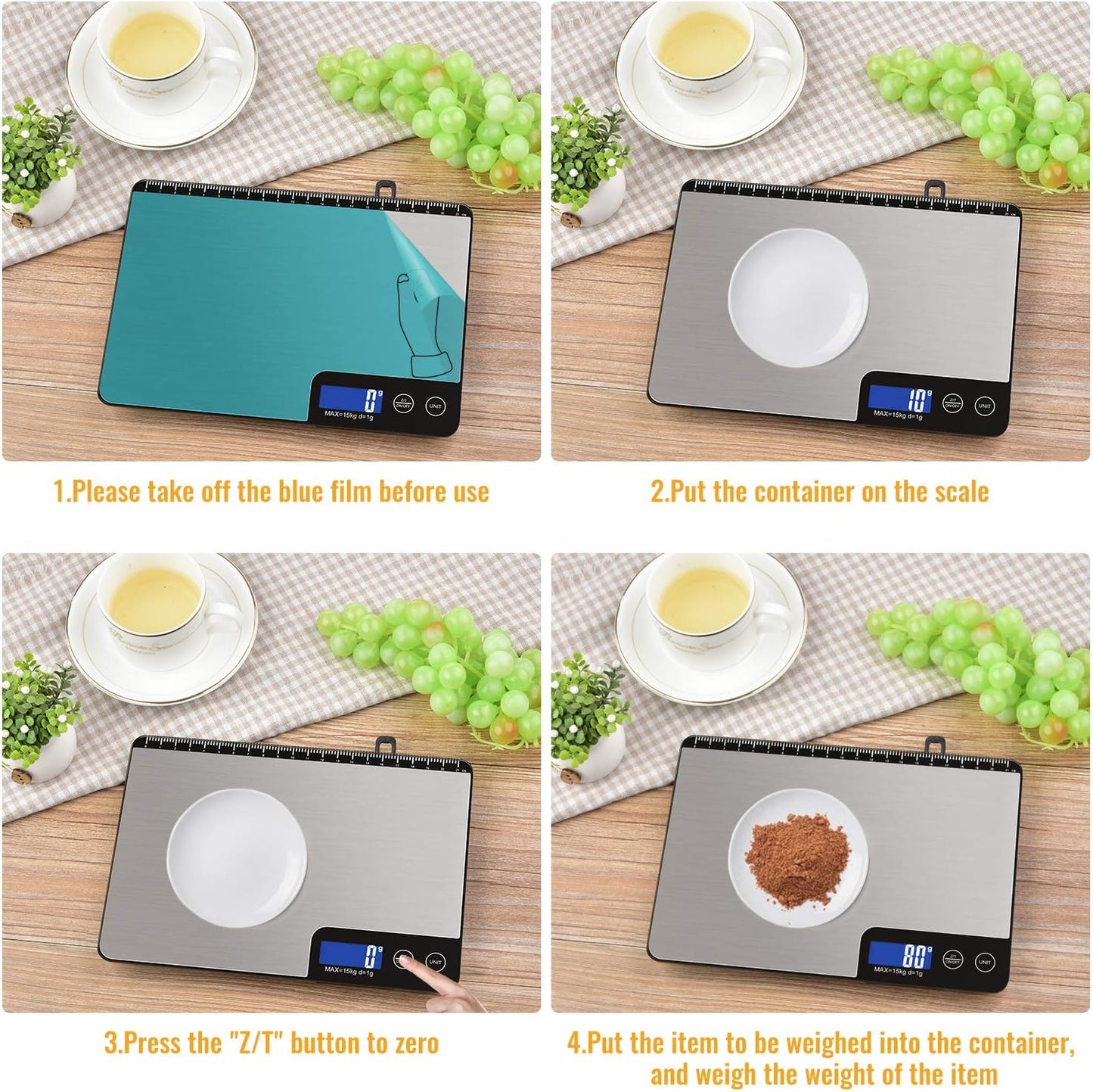 33lb Digital Kitchen Scale Large Weighing Area (9 in), Diyife Professional Electronic Food Scale, Stainless Steel Household Scale, Touch Control, LCD Display, Hangable, 6 Units, Tare, with Batteries