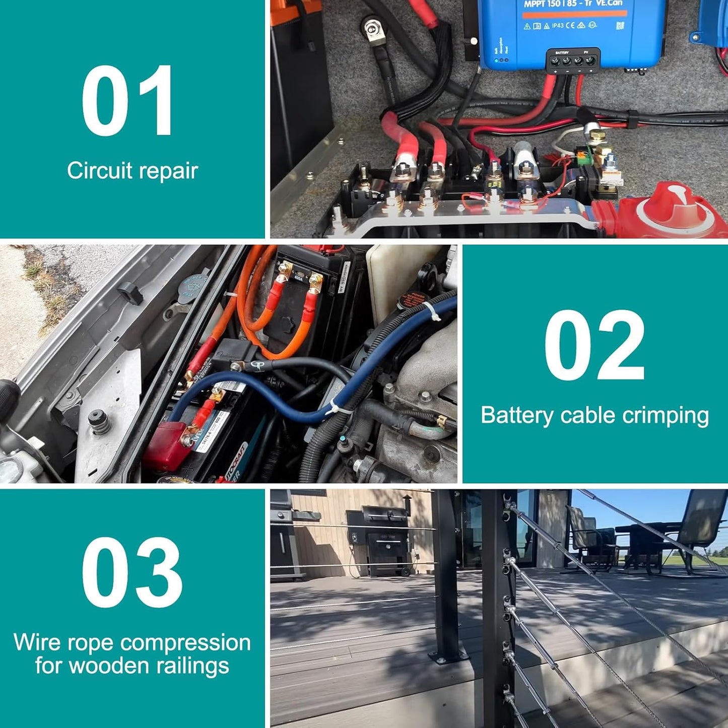 10 Tons Hydraulic Crimping Tool with 9 Dies - Battery Cable Crimper Tool & Wire Rope Crimping Tool for 12 to 2/0 AWG, 1/16" 1/8" 3/16" Stainless Steel Cable Railing Tool