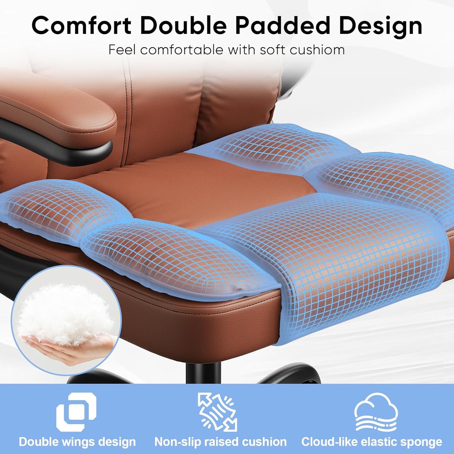 Executive PU Leather Office Chair, Computer Chair with Thick Cushion & Lumbar Support, Ergonomic Desk Chair with Adjustable Headrest & Armrests,Brown