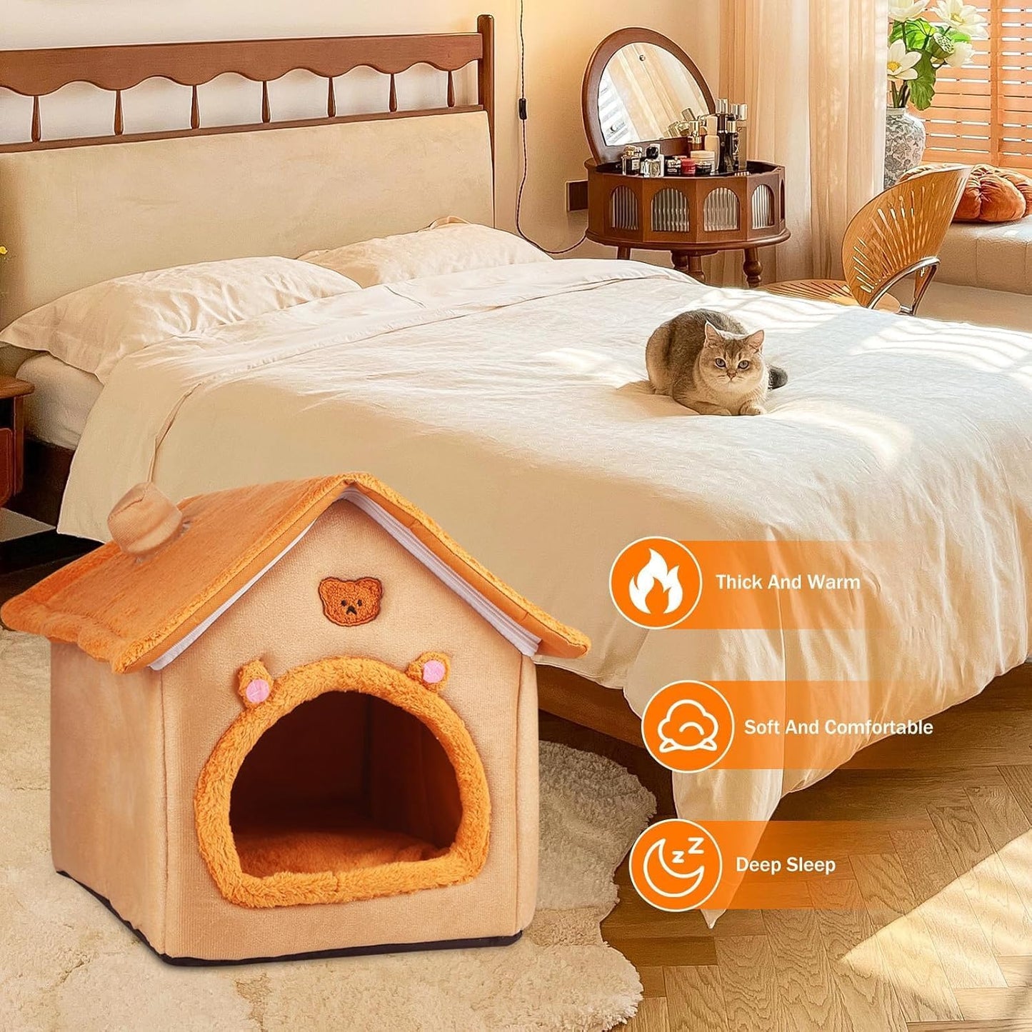 Cat House Inside Cat Sleeping Tent Dog House Bed Indoor with Non-Slip Bottom 15.75inch Orange