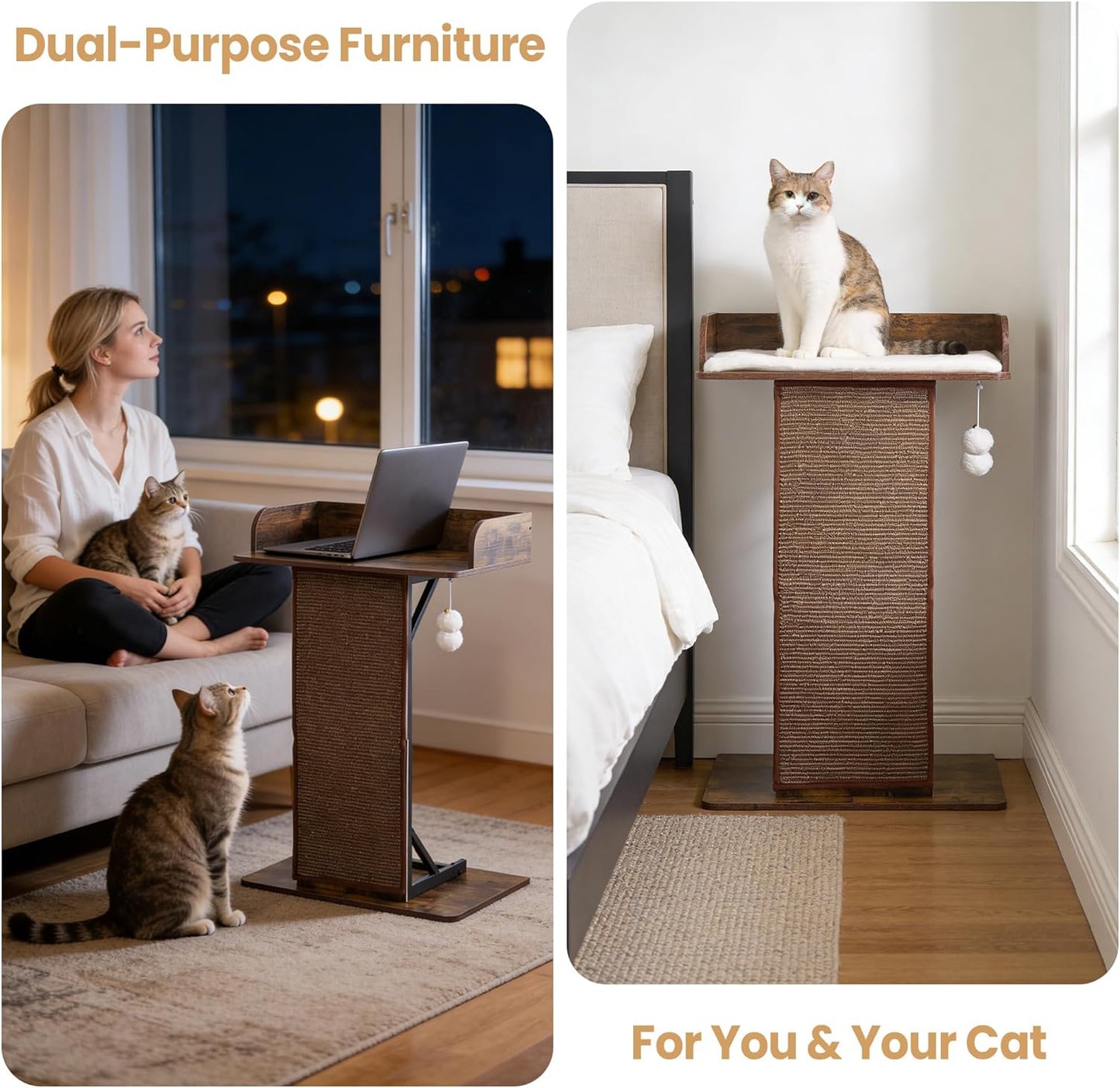 Modern Wood Cat Tree Tower for Indoor Large Cats, 33.8-Inch Tall Wooden Cat Trees with Big Perch Bed, Cat Scratching Pads, Washable Removable Cushions and Scratching Mat, Cat Furniture, Rustic Brown