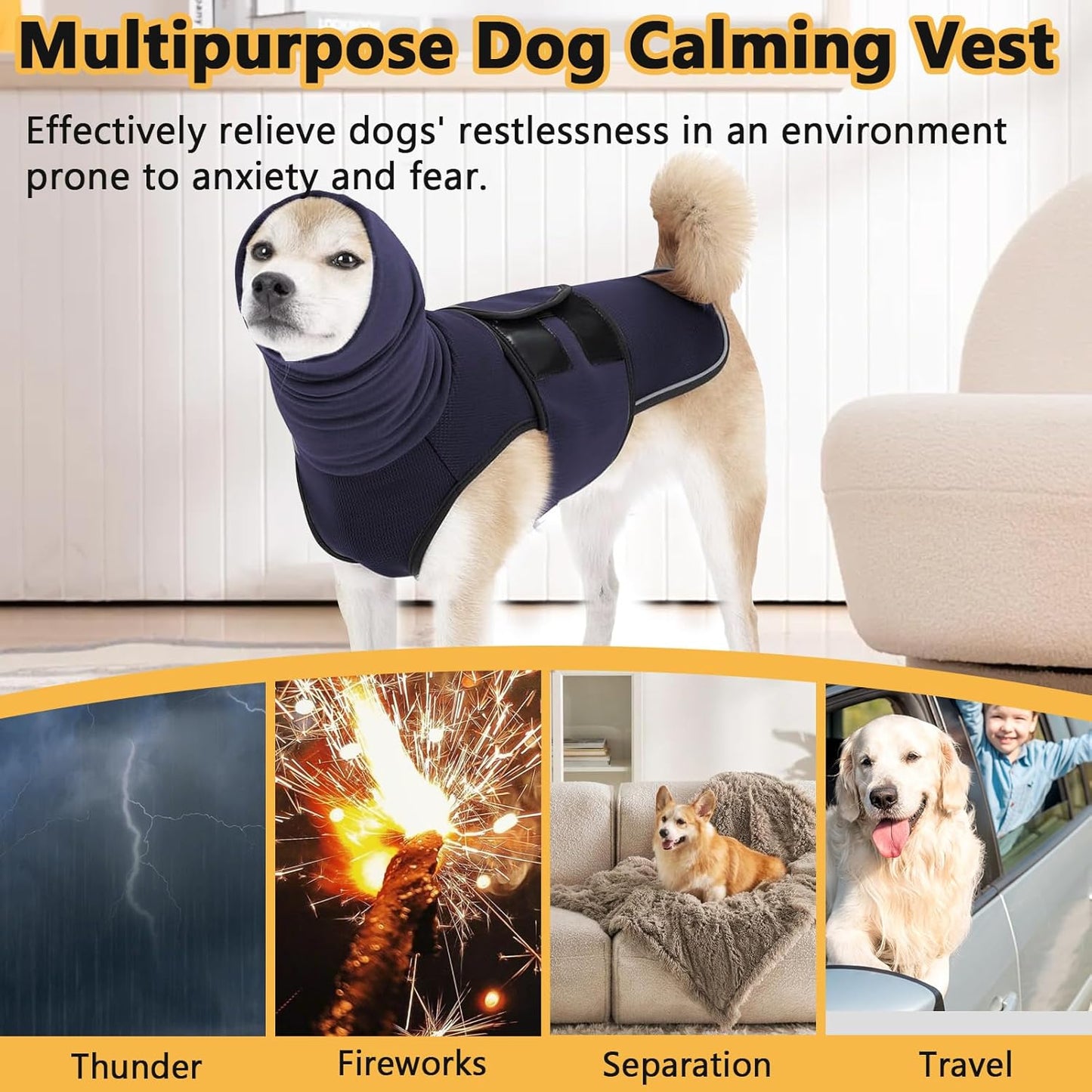 Dog Anxiety Vest, Reflectiveanxiety Vest for Dogs, Breathable Dog Calming Vests with Hoodie, Adjustable Dogs Anxiety Jacket for Thunderstorms Fireworks Vet Visits Separation