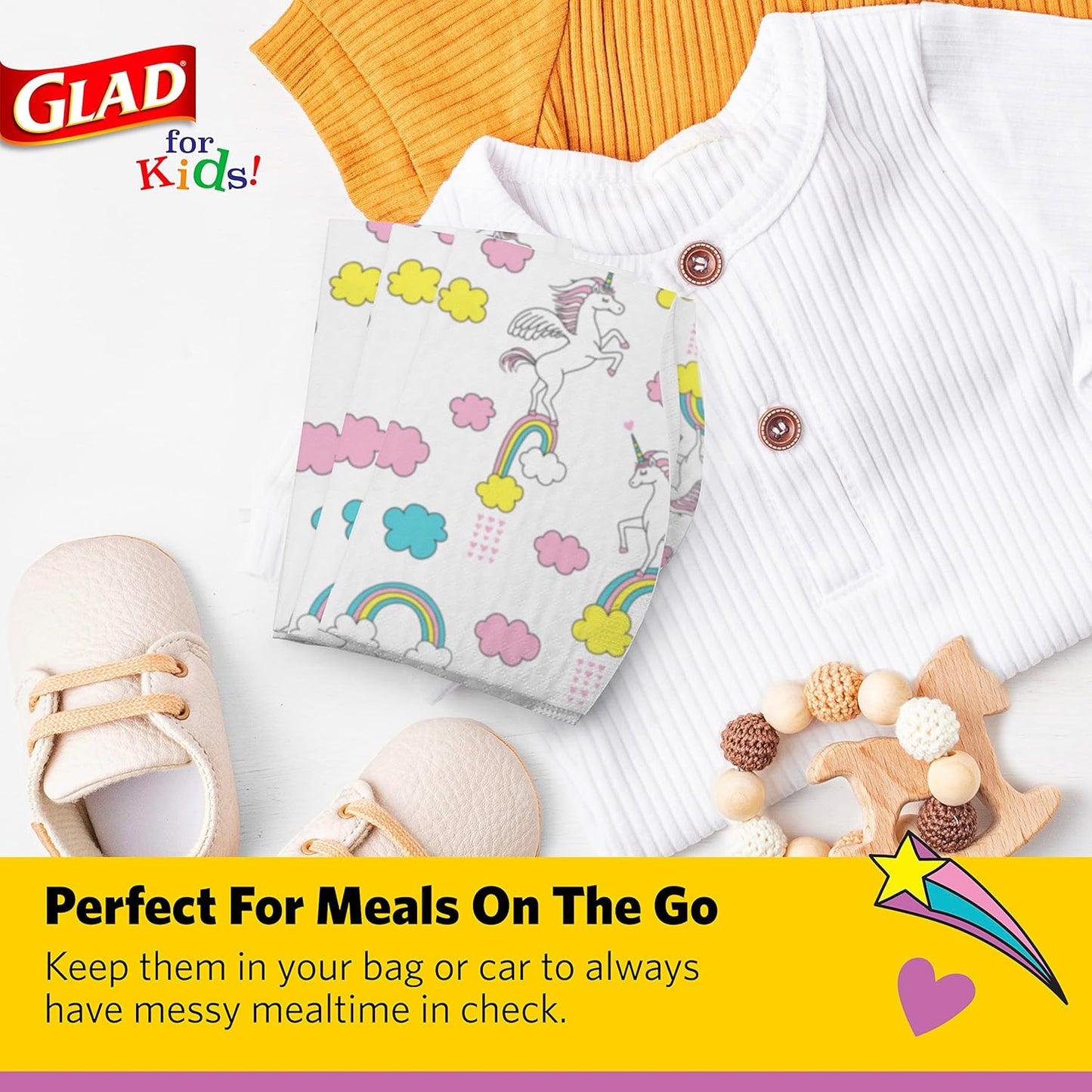 Glad for Kids Unicorn Disposable Paper Bibs with Crumb Catcher, Absorbent Leakproof Bibs for Toddlers and Babies, Mess Free Feeding, Crafts, Parties, and Travel Use, 30 Count