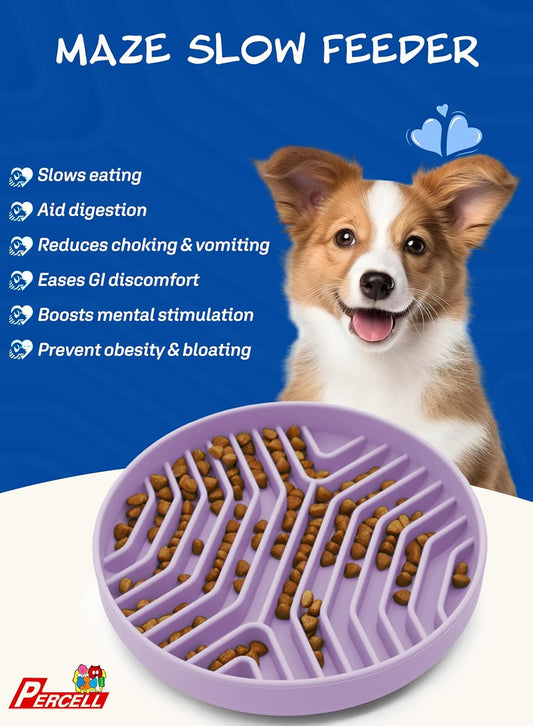 Slow Feeder Dog Bowl with Suction Cups - Non-Slip Silicone Strip Maze Design for Dogs (Purple)