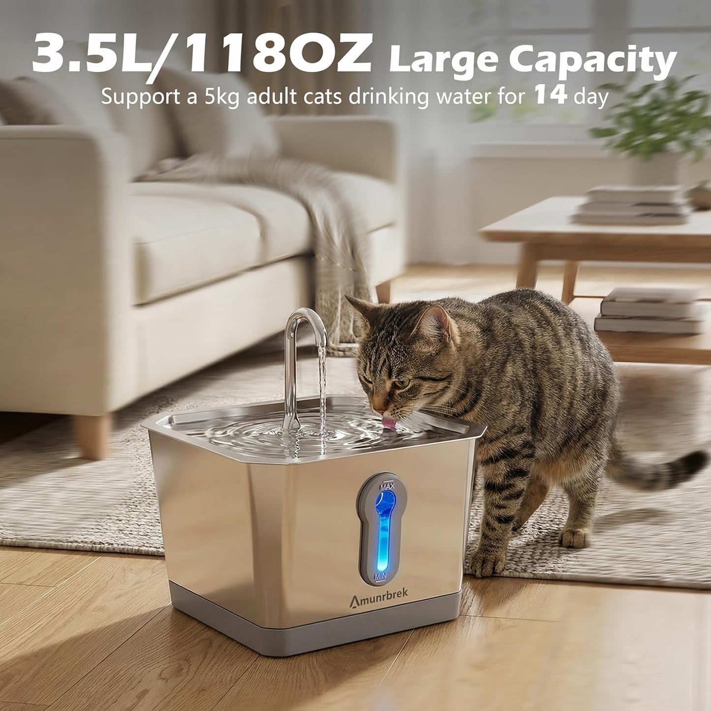 Wireless Cat Water Fountain, 3.5L Stainless Steel, Smart App & Motion Sensor Control, Battery Operated, Silent Pump, Low Water Alert & Drinking Tracking