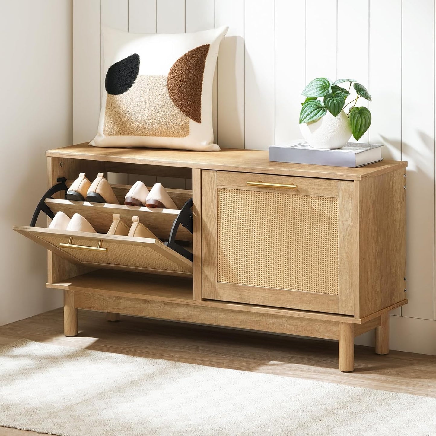 HOOBRO Rattan Shoe Storage Bench with Double Flip Drawers, Narrow Shoe Storage Organizer for Entryway, 11.8"D x 39.4"W x 20.9"H Hidden Space Saving Wooden Shoe Cabinet for Hallway, Natural NL51HX01