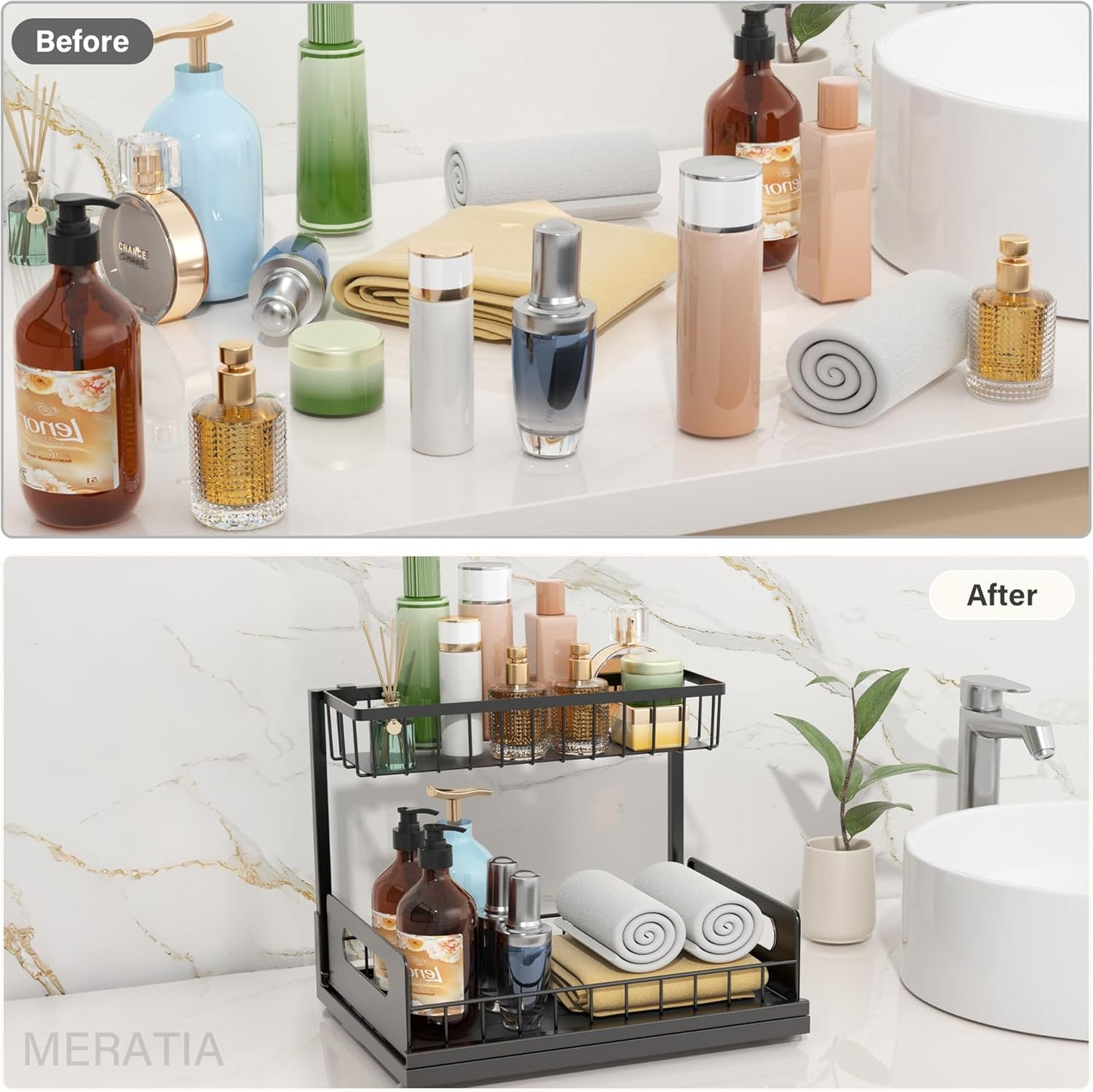 Under Sink Organizer 2 Tier, Pull Out Drawer Slides Under Sink Storage for Bathroom Kitchen,Multi-Purpose Drawer Under Cabinet Organizer for Cleaning Supplies (Black, 2 Pack)