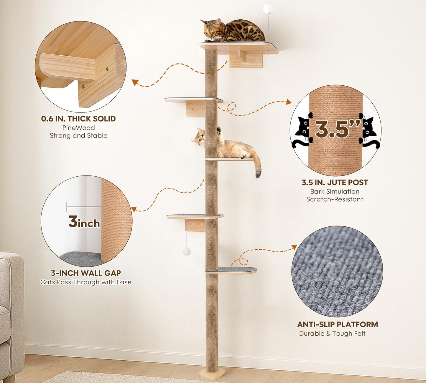 Floor to Ceiling Cat Tree for Kittens, 5-Tier Wall Mounted Cat Wall Shelves with Grey Felt Pads, Adjustable Wild Simulation Cat Tower, Natural Pine Wood Platforms for Climb, Scratch and Lookout
