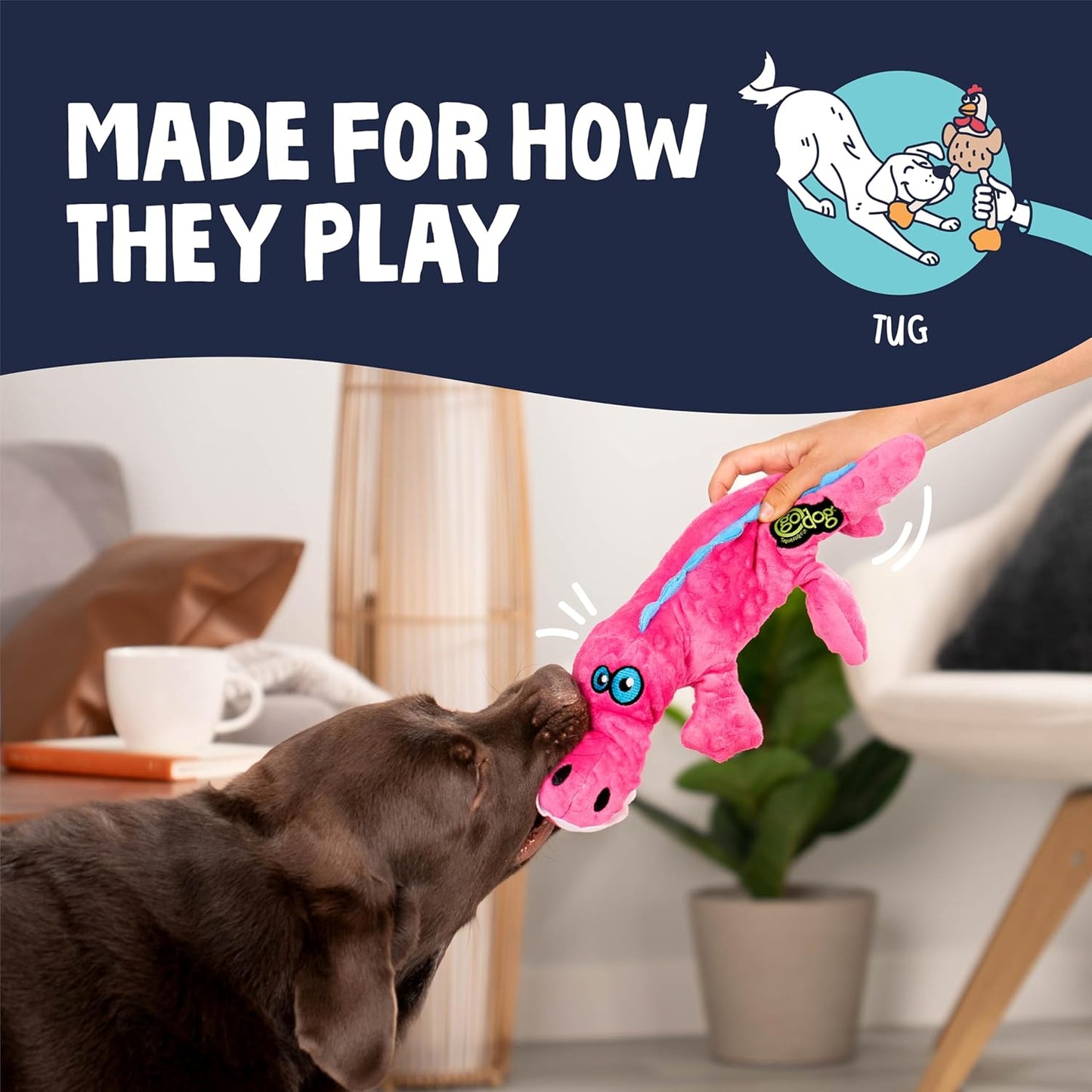 goDog Gators Squeaky Plush Dog Toy with Chew Guard Technology, Durable Fabric & Squeaker for Active Play, Pink, Large