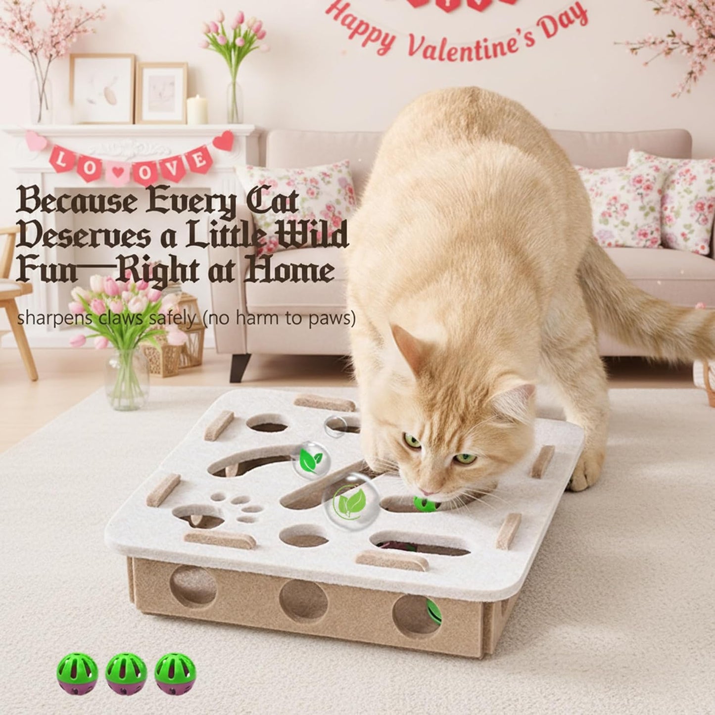 Interactive Cat Puzzle Feeder Toy - Felt Maze Box with 3 Jingle Balls for Indoor Cats Kittens | Mental Stimulation, Slow Feeding, Fun Exercise & Natural Hunting Instincts