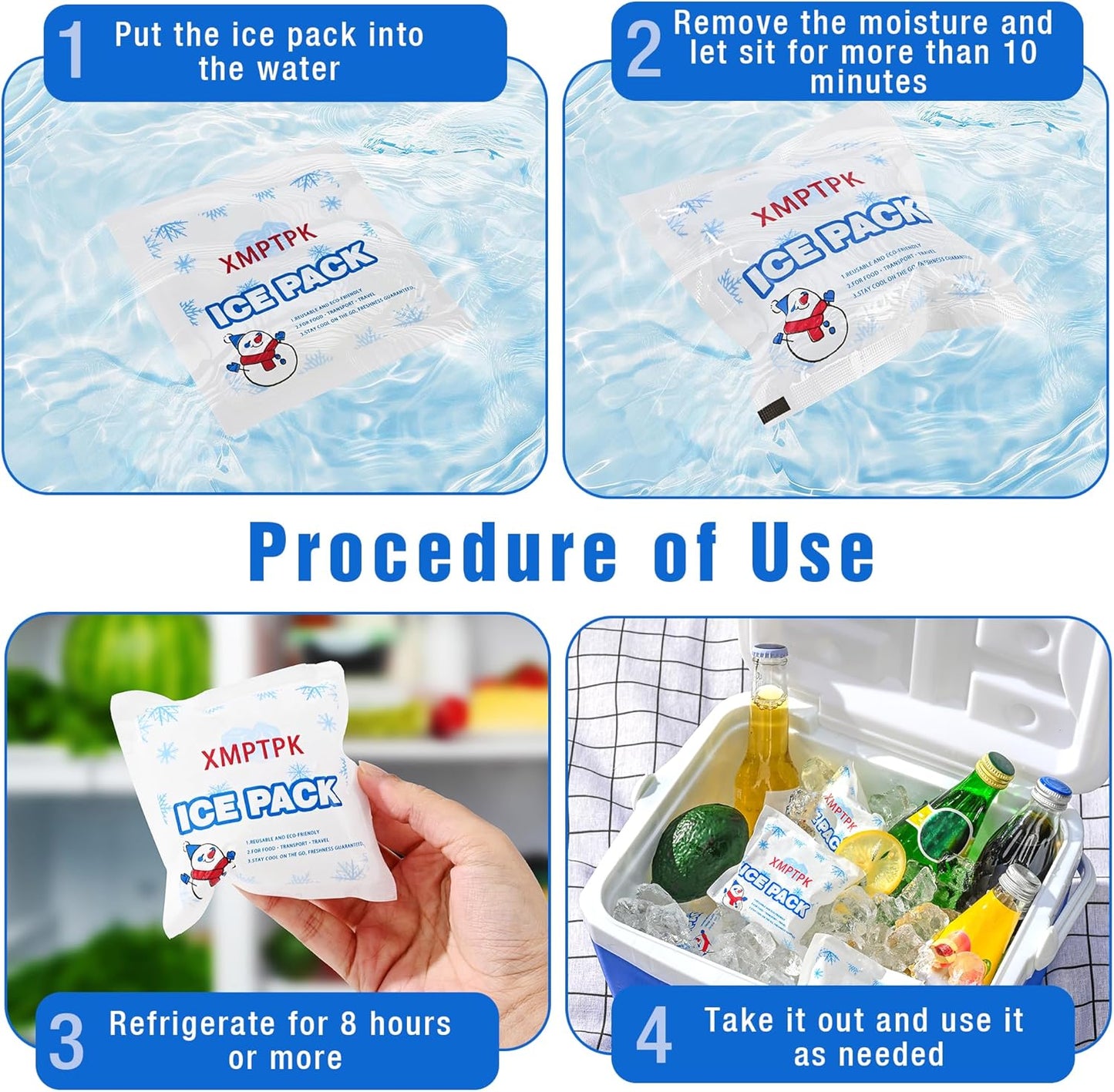 Ice Packs for Cooler, Lunch Boxes and Shipping, Slim Design Reusable Gel Freezer Packs for Frozen Food & Drinks, Camping, Picnic and Fishing
