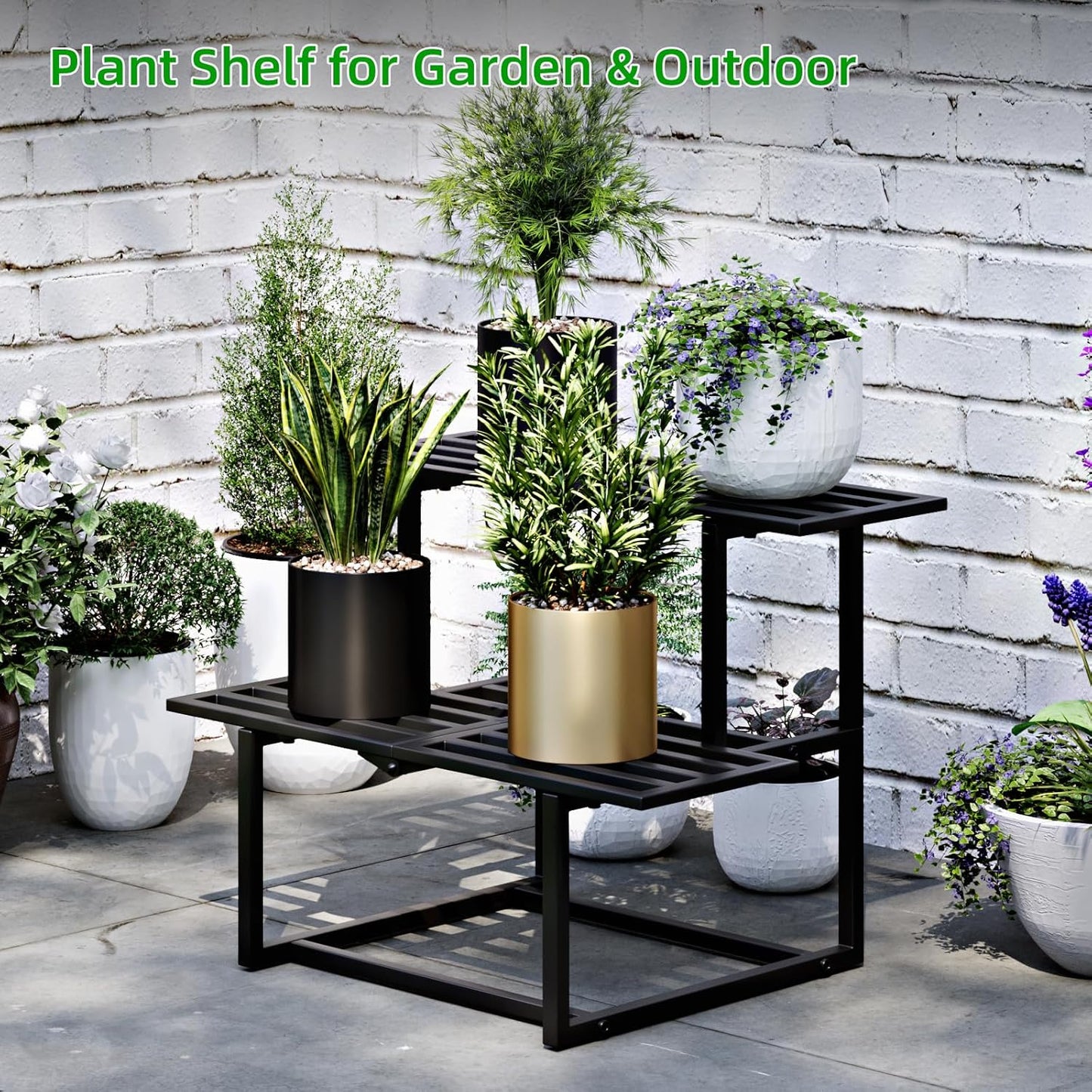 Plant Stand Indoor Outdoor, Foldable Metal Plant Shelf for Multiple Pots, Mid Century Slatted Bench for Patio Garden, Heavy Duty Capacity 330 lbs 2 Tier Black