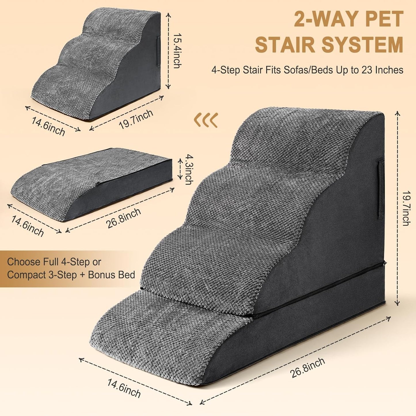 Dog Stairs for Small Dogs, Puppy, Older Cat, High Density Foam Pet Ramp for Sofa, Couch and Bed, 2-in-1 Convertible Dog Steps(3-Step & 4-Step)
