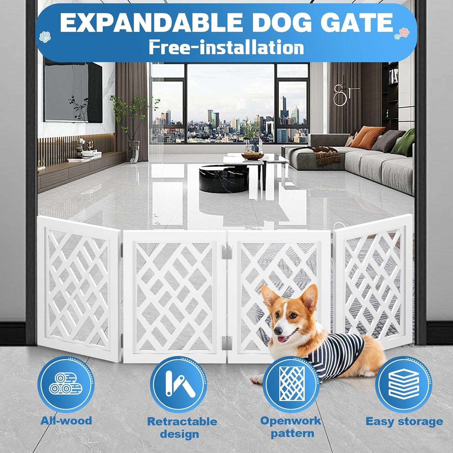 Cut-Out Design 16" Short Dog Gate for Small Dogs, Foldable Retractable Puppy Gate Indoor - Freestanding Lightweight Pet Barrier for Doorways, Stairs, Hallways (Extends to 41", White)