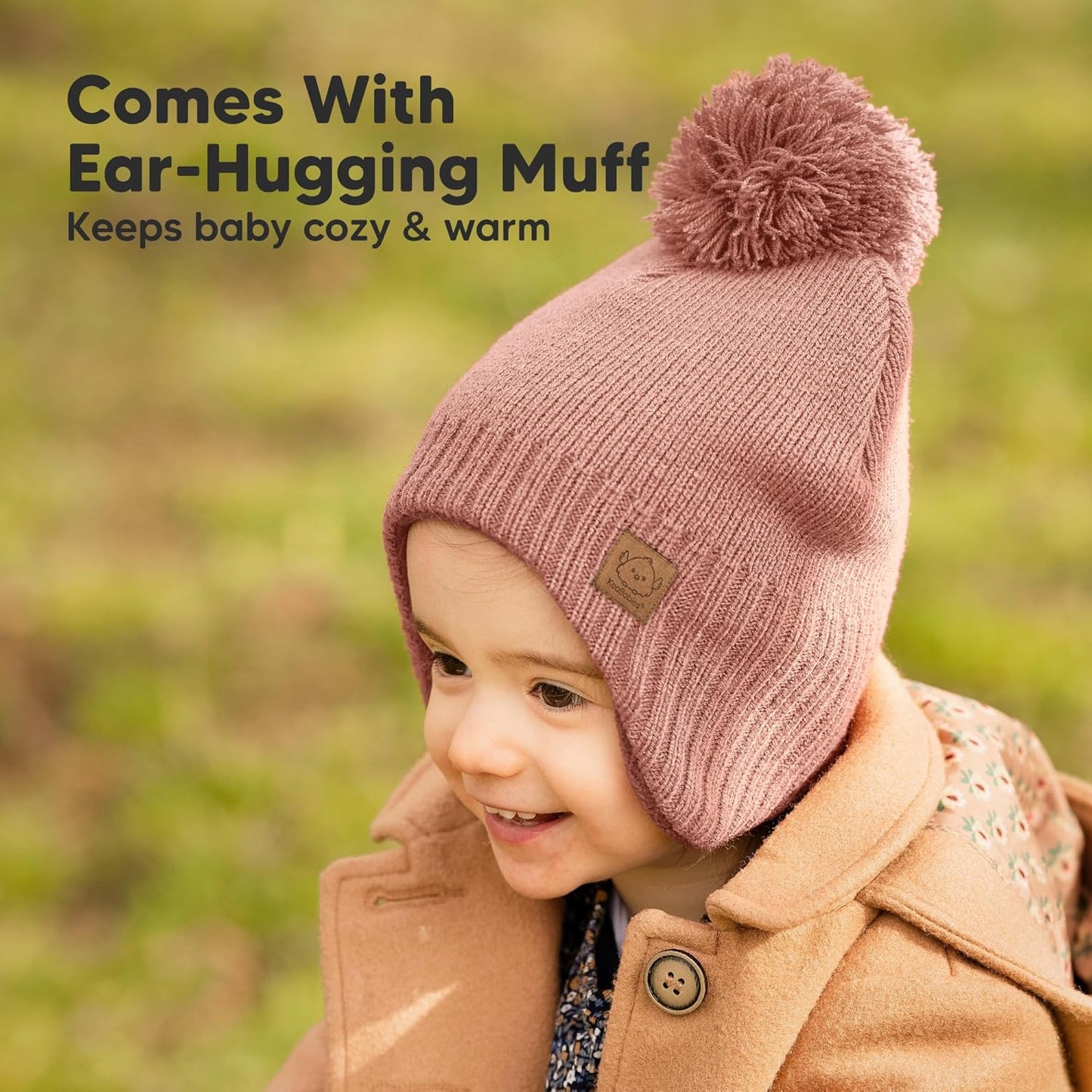 Baby Beanie Winter Hat 6-36 Months - Cute Pom Winter Baby Hats with Earflaps, Soft & Stretchy Knit Toddler Beanies for Infant, Newborn 6-36 Months Boys, Girls, Cozy, Warm Fall Essentials (Tea Rose, M)