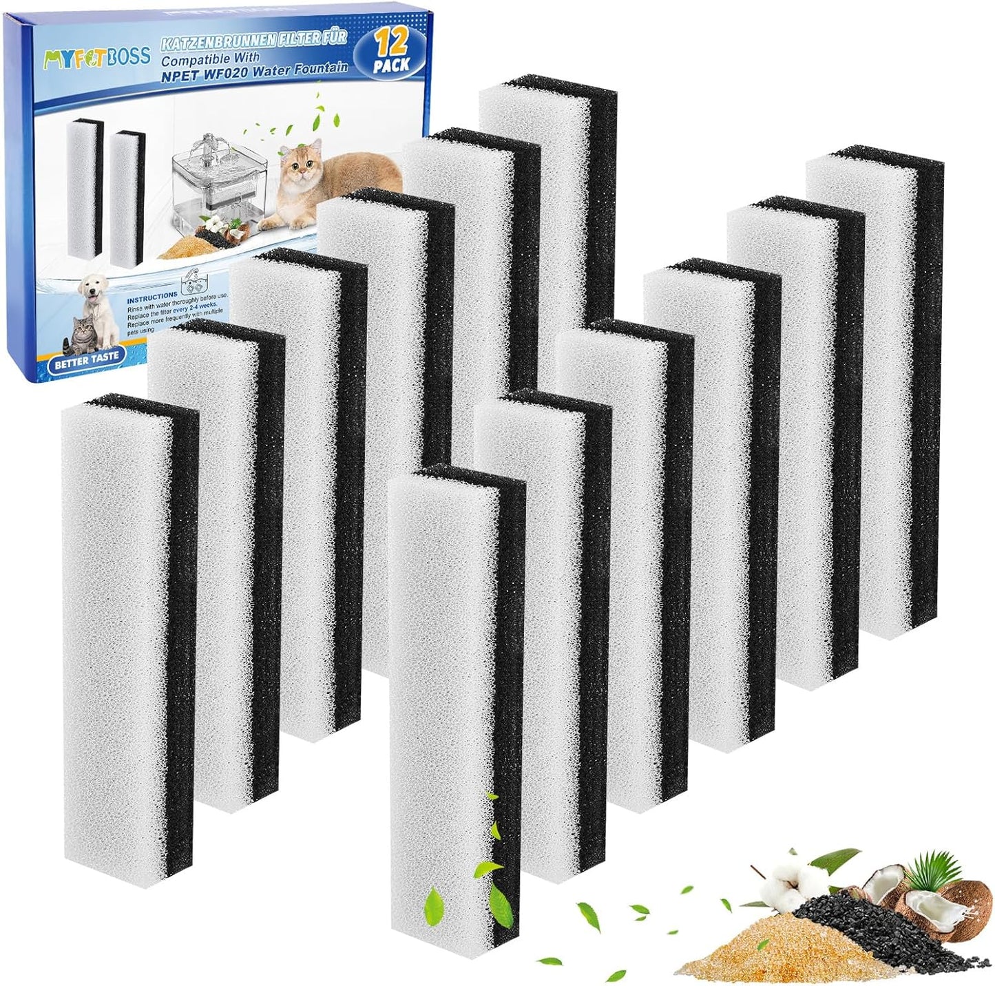 Cat Dog Water Fountain Filter, Pet Fountain Filters for WF020 Water Fountain, Keep Water Fresh and Clean (12 Pack)